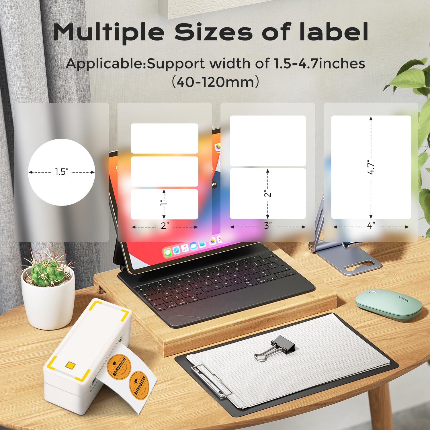 Bonvoisin Stampante termica per etichette, 4x6, stampante termica portatile USB e Bluetooth a doppio uso per ufficio, 150-180 mm/s, compatibile con Android e IOS (EU)
