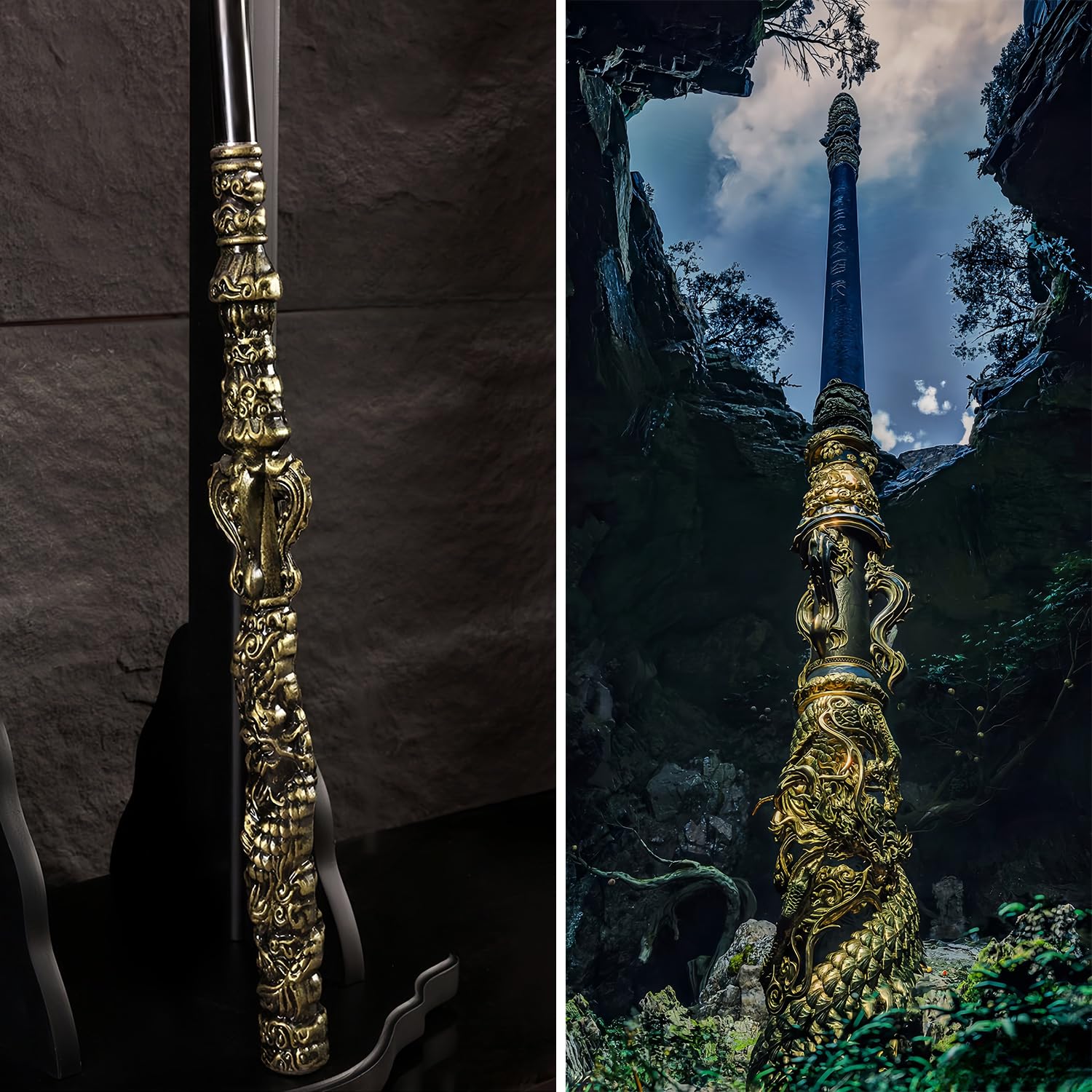180,3 cm langer schwarzer Mythos Wukong Staff, einziehbar, Länge abschließbar, PU-Material (hochfestes Weichgummi) und Legierung, Ruyi Jingu Bang, 1:1 Wiederherstellung der Realität, Sun Wukong Staff,