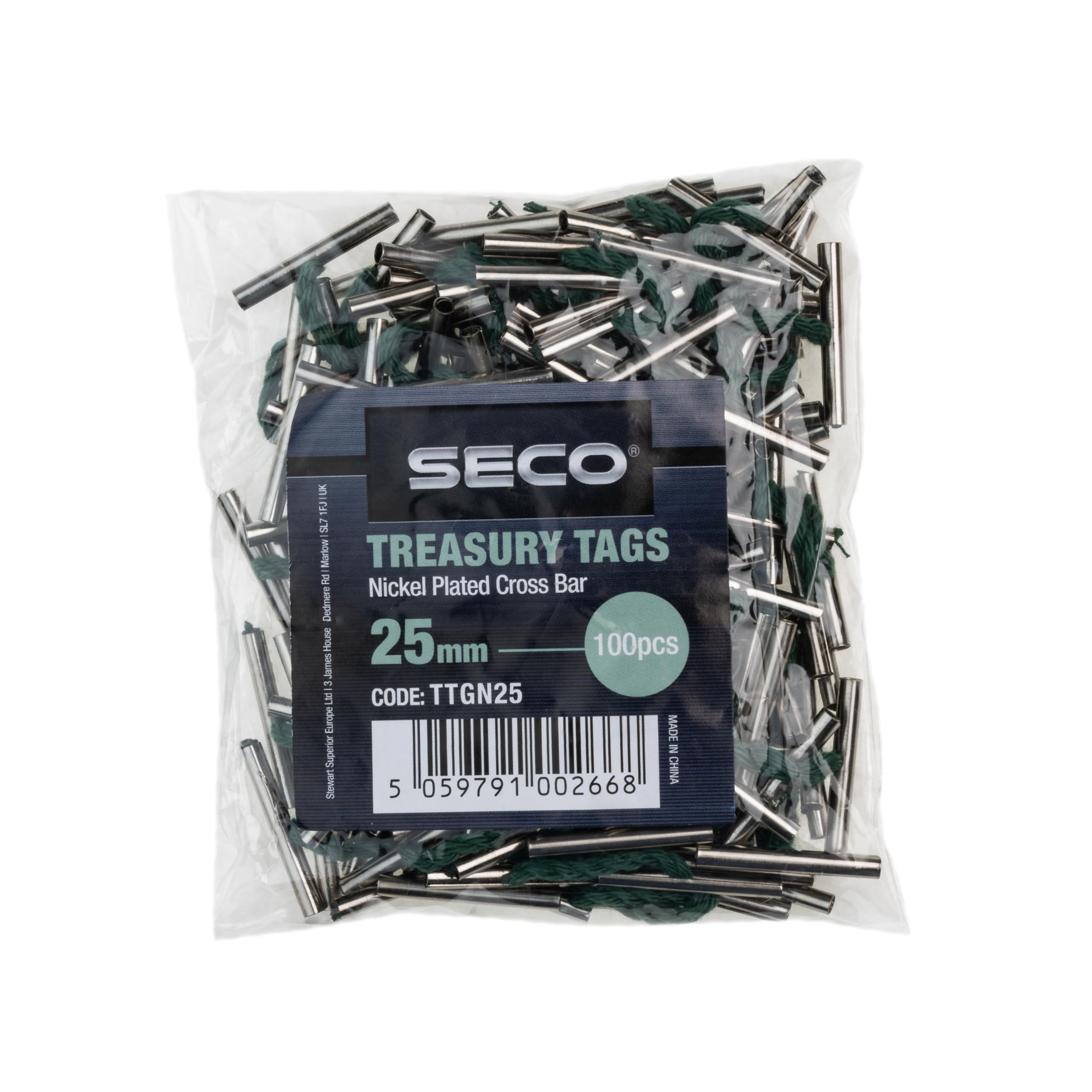 Seco Premium Nickel Plated Cross Bar Treasury Tags, 25mm Pack of 100 - Green