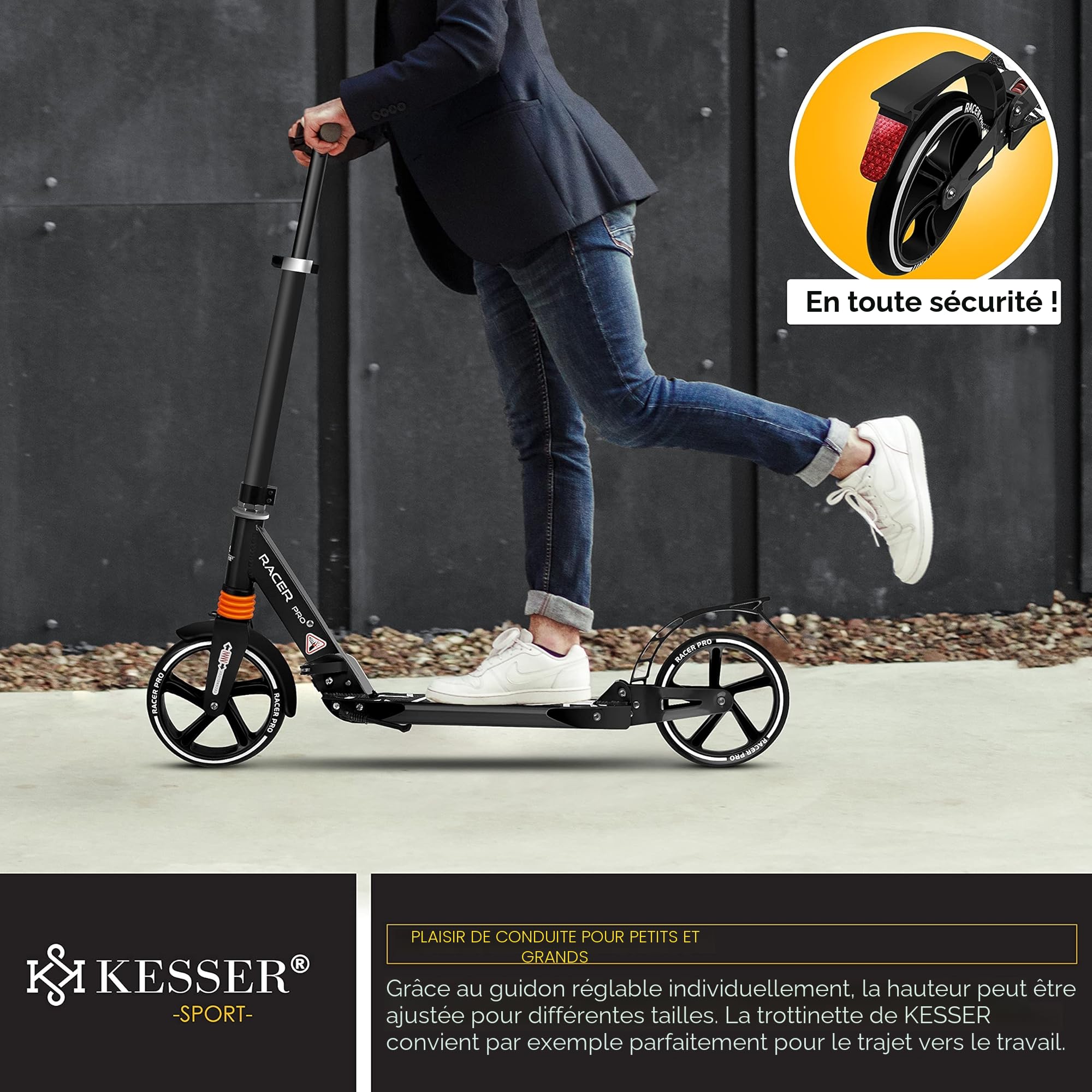 KESSER® Cityroller - Trottinette avec grosses roues en polyuréthane de 205 mm PRO-S, double suspension, pliable et réglable en hauteur, convient en ville, pour adultes et enfants