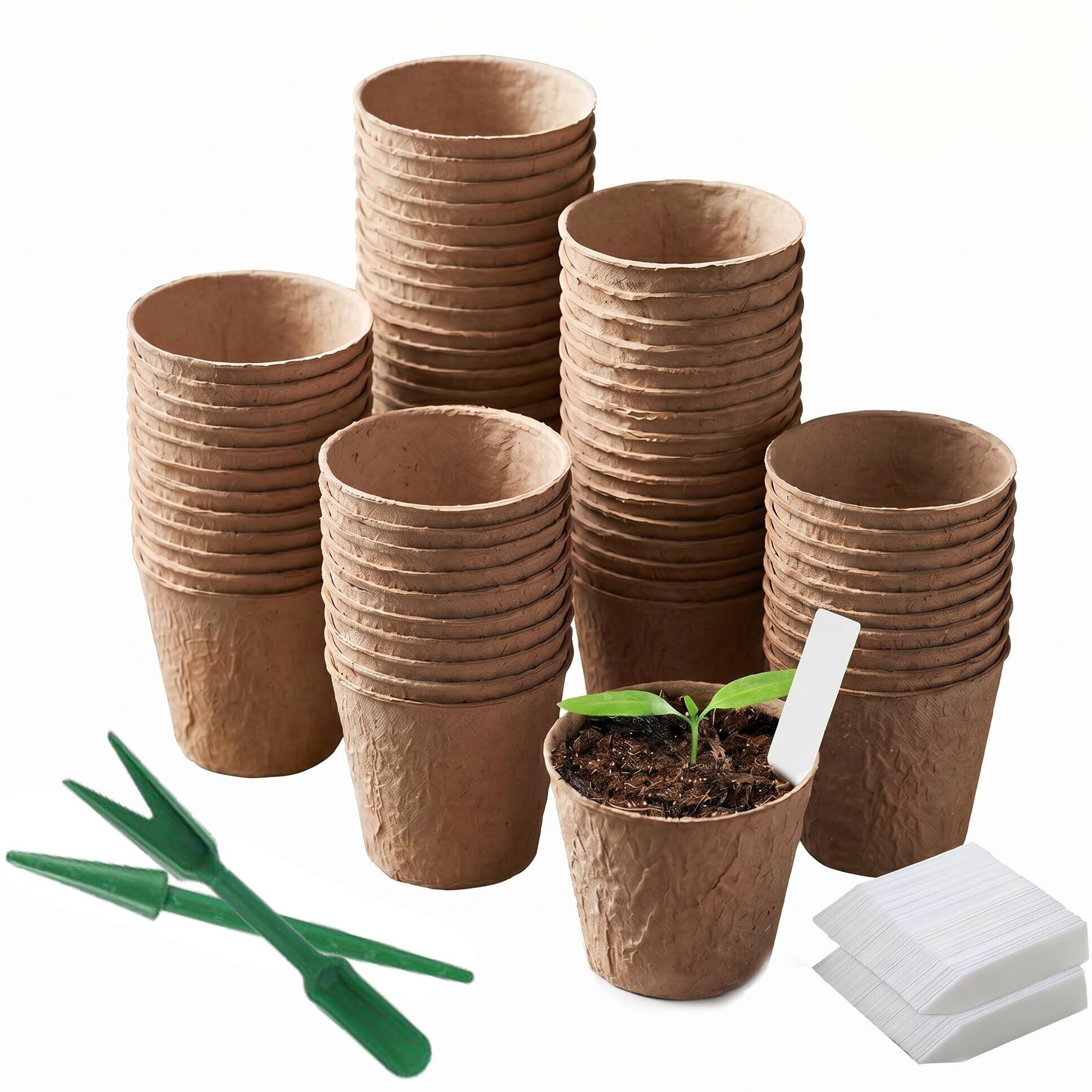 Puedno 100pcs 8CM Round Biodegradable Organic Fibre Seedling Pots with 100 Plant Labels 2 Mini Gardening Tools, Paper Small Plant Pots for Seedling and Transplanting, Suitable for Garden Greenhouse