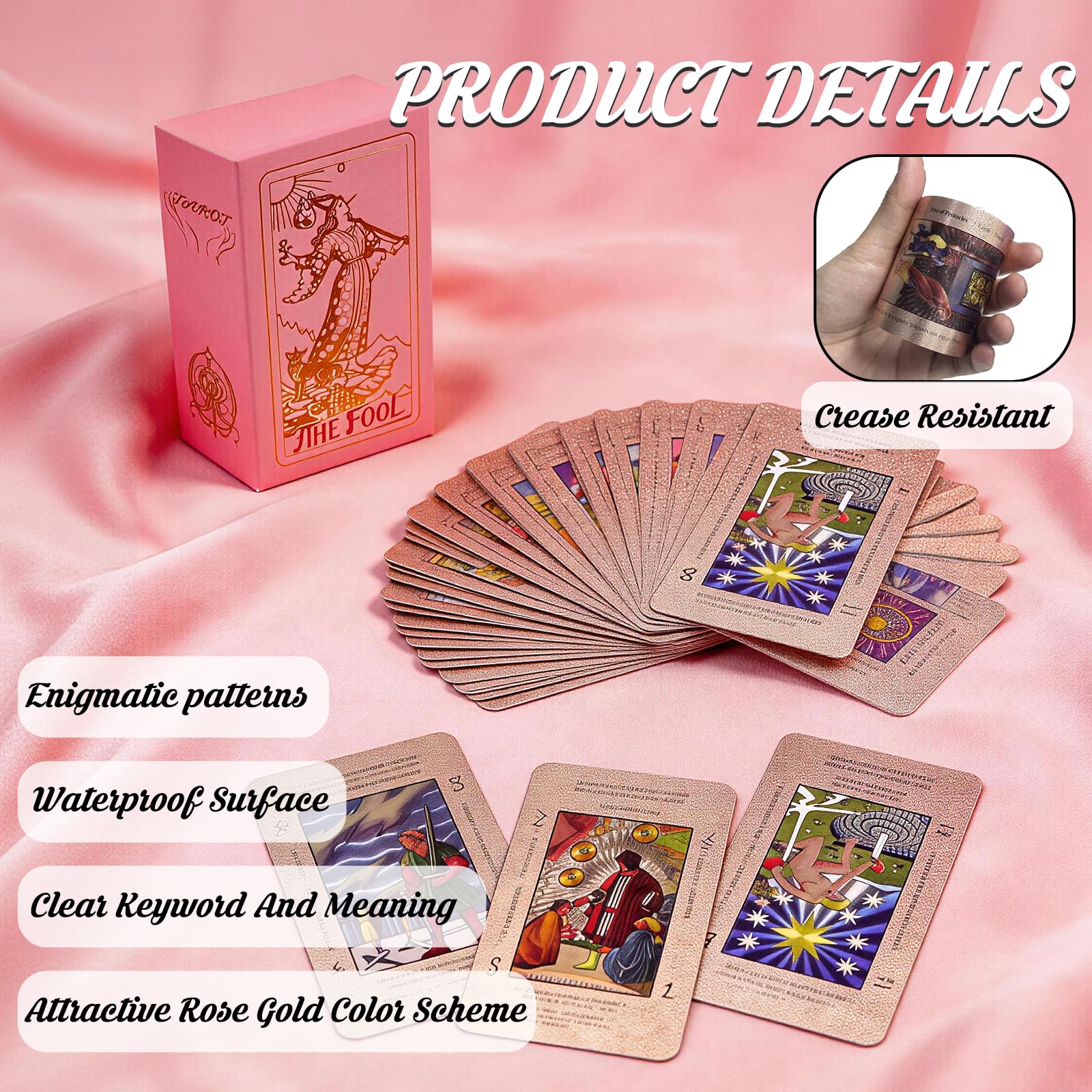 78PCS Rose Gold Tarot Cards, Pink Tarot Cards for Beginners with Guidebook Tarots Card Deck with Meanings on Them - Image 2