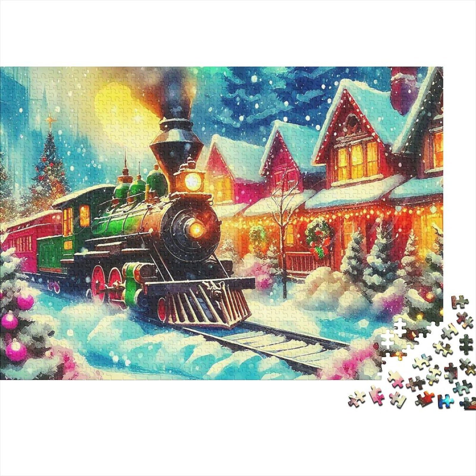 1000 Pieces Christmas Train Jigsaw Puzzle for Adults Paper Brain Challenge Snow Railway Puzzle Relaxing Home Wall Art Gift 52x38cm/1000pcs