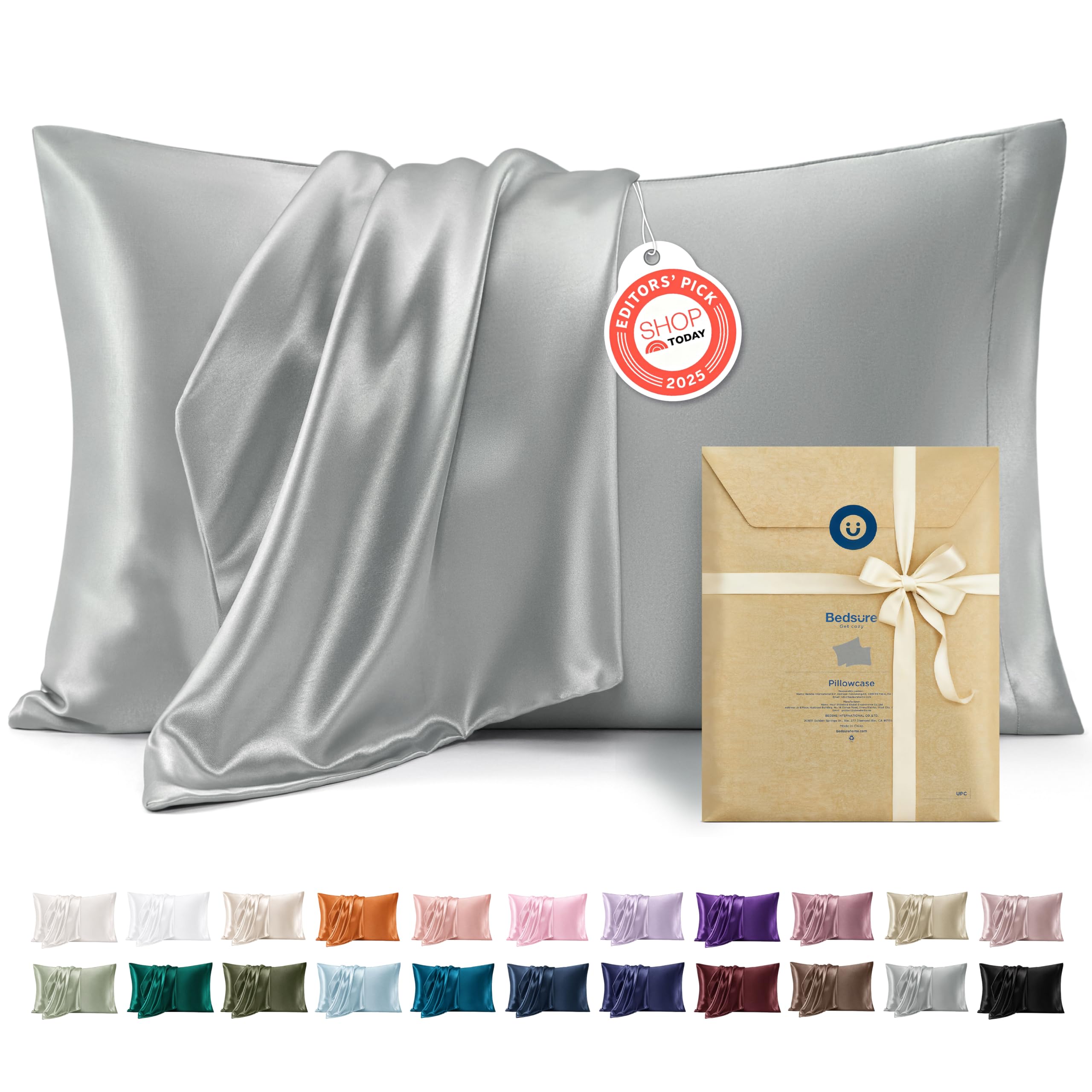 Bedsure Satin Pillowcases Queen Set of 2, Similar to Silk Pillow Cases Grey