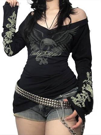 Grunge Shirts Emo Clothe Teen Girls Vintage Graphic Tee Y2k 2000s Goth Top Women Mcbling Long Sleeve Streetwear
