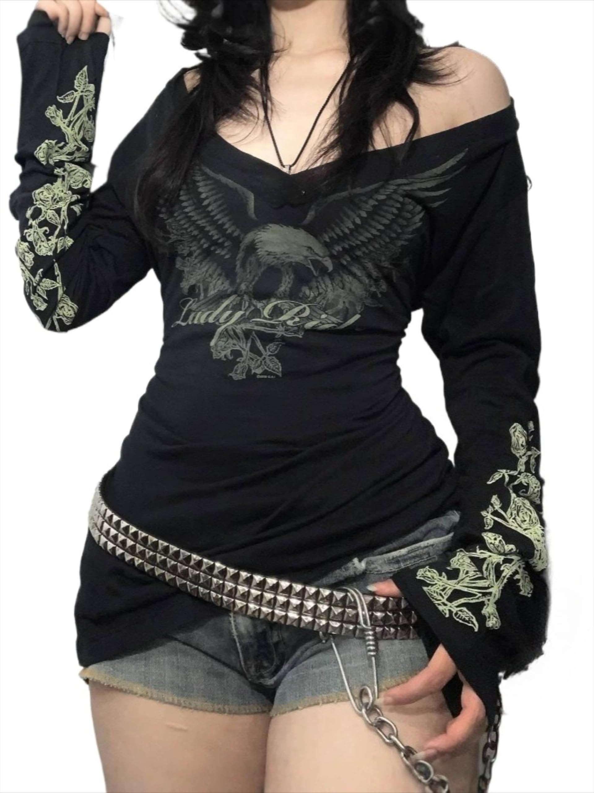 Camisetas Grunge Emo Clothe Camiseta feminina vintage com estampa Y2k 2000s Goth Top feminina Mcbling manga longa streetwear - M - Preto, verde