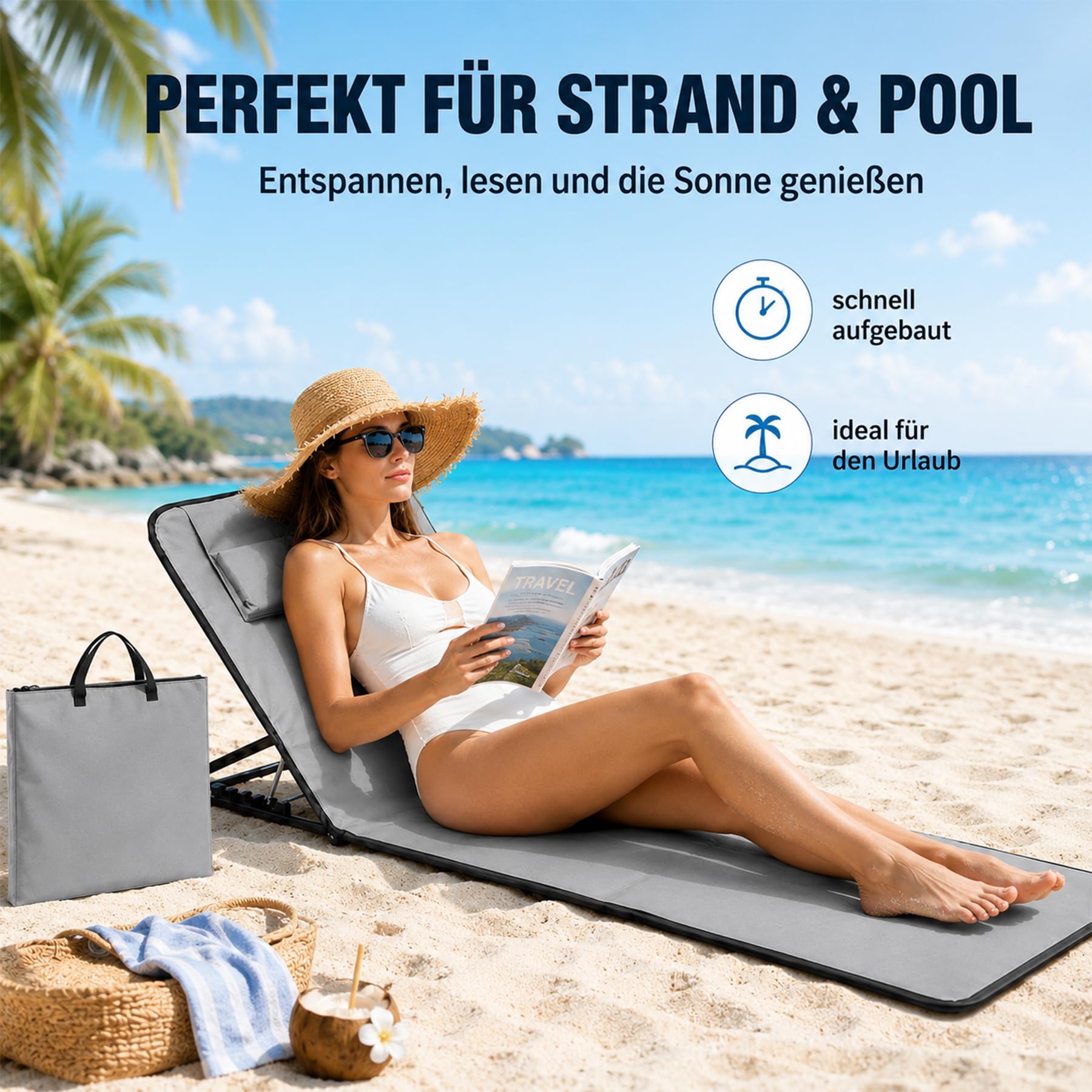 Shengruili 2Pcs Strandmatte mit Rückenlehne,Strand Liegestuhl Leicht,Strand Liege Camping mit Aufbewahrungstasche,Tragbare Sonnenliege für Strand, Camping & Garten,Platzsparend & stabil
