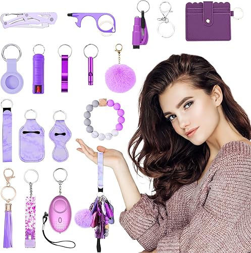 Miniatura 2 de AMIR Safety Keychain Set for Women, Wristlet Strap Keychain with Personal Alarm Pom Pom Accessories Kit for Christmas Gifts