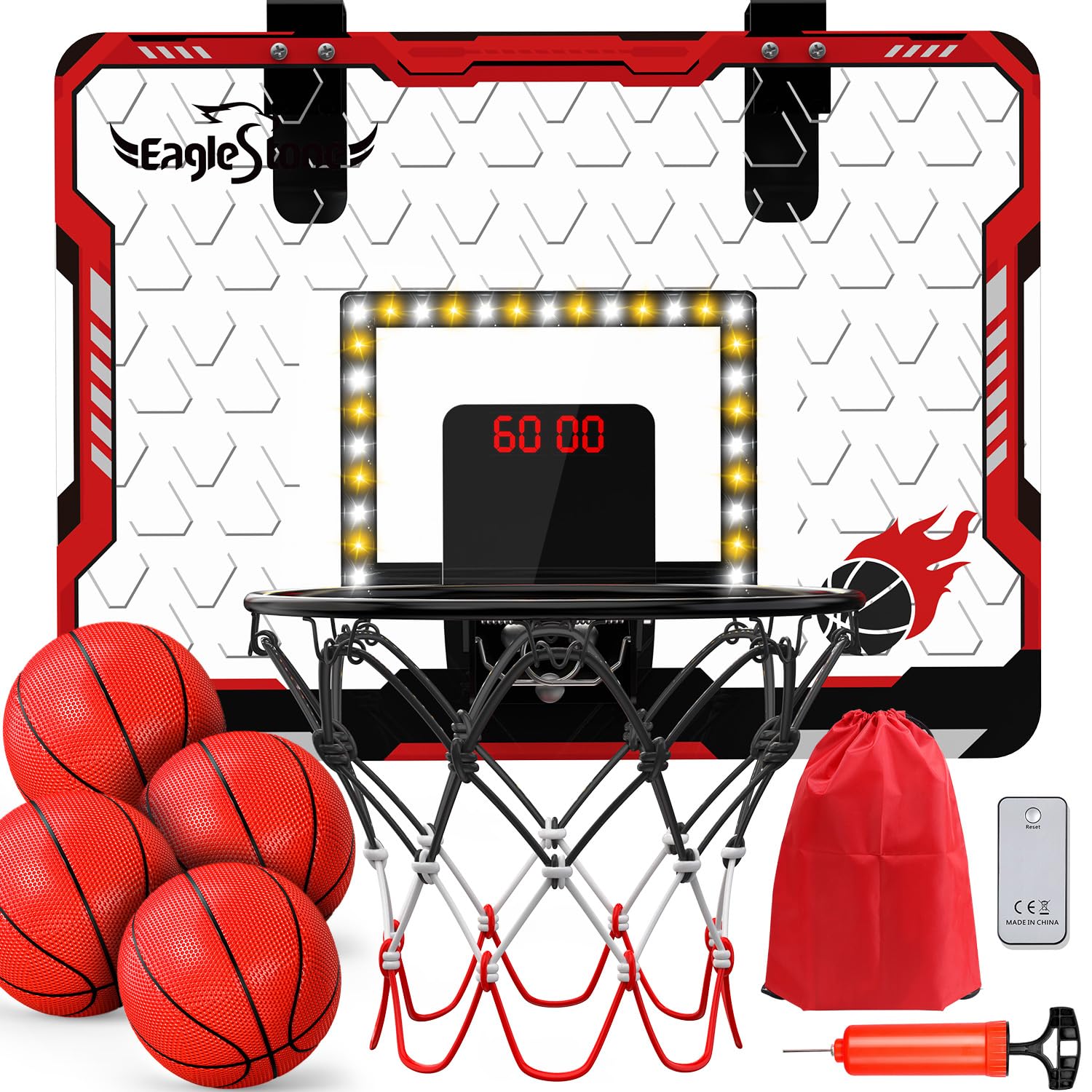 EagleStone Mini Basketball Hoop Indoor with LED Light,Double Electronic Scoreboard,Basketball Hoop Indoor Toys for Kids,2 Game Modes Over Door Basketball Hoop for 5-7 8-12 Year Olds Boys, Gifts