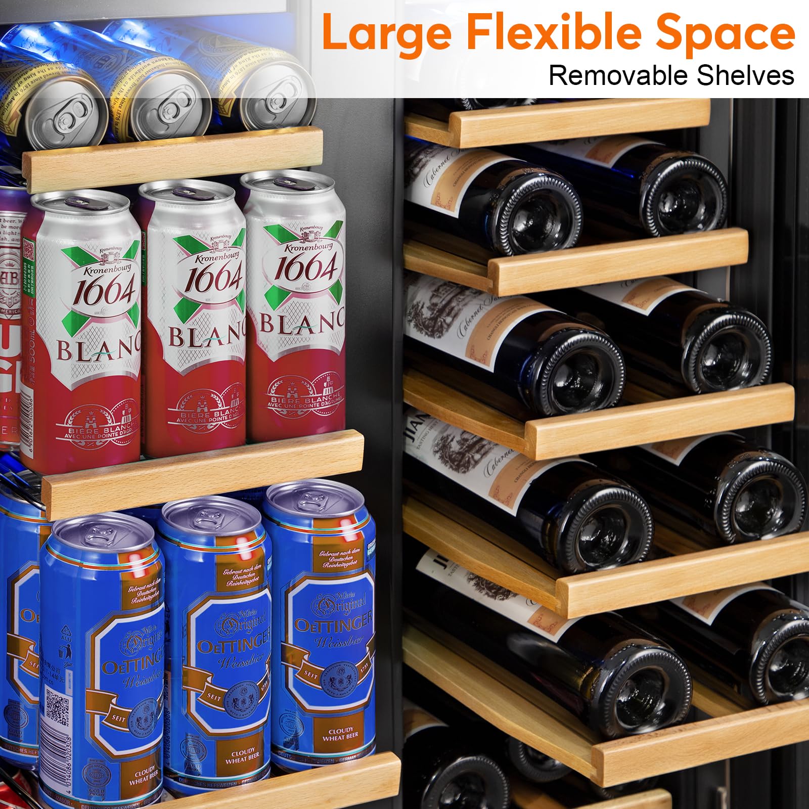 Turephe Wine And Beverage Refrigerator With Glass Door, 24-Inch Dual Zone Wine Fridge Under Counter, 18 Bottle And 65 Can Large Capacity LED Blue Light Smart Fast Cooling Wine Cooler on Fridge.com - View 5