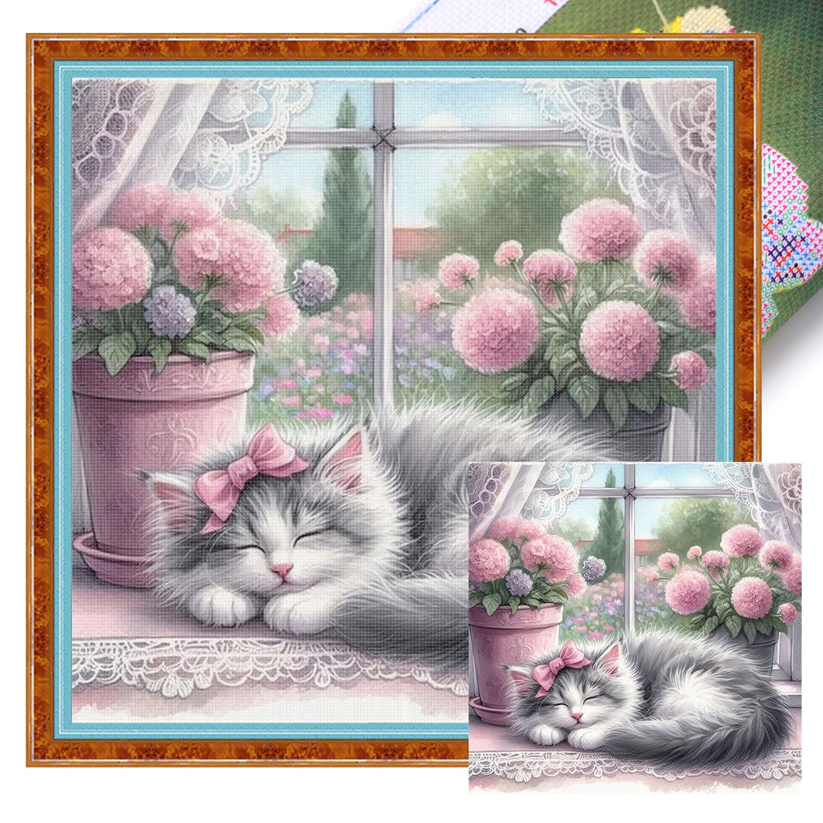 Poetrydraw Hydrangea Kitten Full 11Ct 3 Strands Diy Stamped Cross Stitch Kits Decor 40X40cm (Hydrangea Kitten)