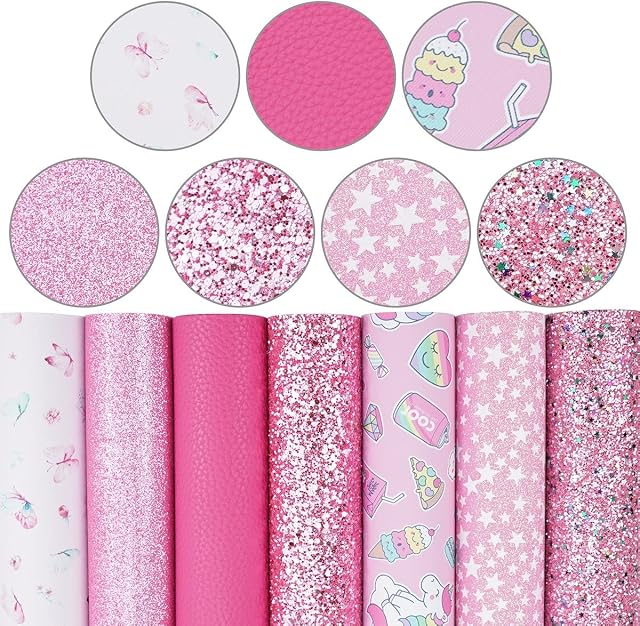 7 Pieces/Set 8x12 Inch (21cm x 30cm) A4 Bundle Leather Sheets Mixed Pink Series Sparkle Fine Chunky Glitter Litchi Faux Leather Fabric for Bow Earring Making DIY Craft