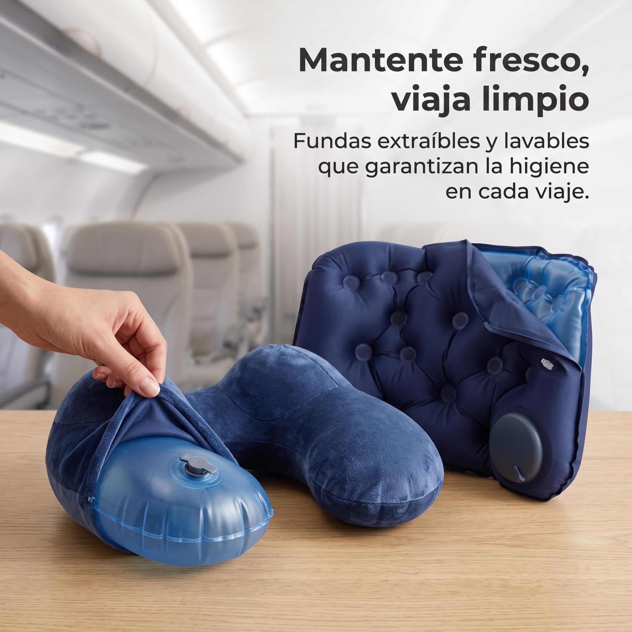 Almohada Viaje Inflable en Forma U para Cuello y, Plegable, Reposapiés Inflable de Doble presión, Tres Capas Ajustables, Azul Marino