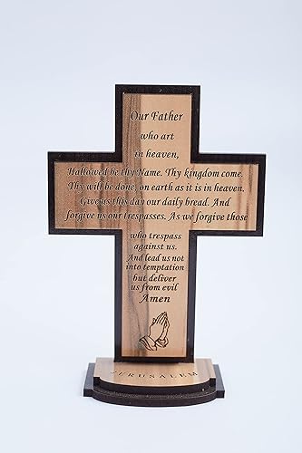Mesa de pie de madera de la oración del Señor/cruz de altar (5.5 pulgadas en inglés) – KJV Escritura Mateo 6:9-13, grabado de la "oración de nuestro