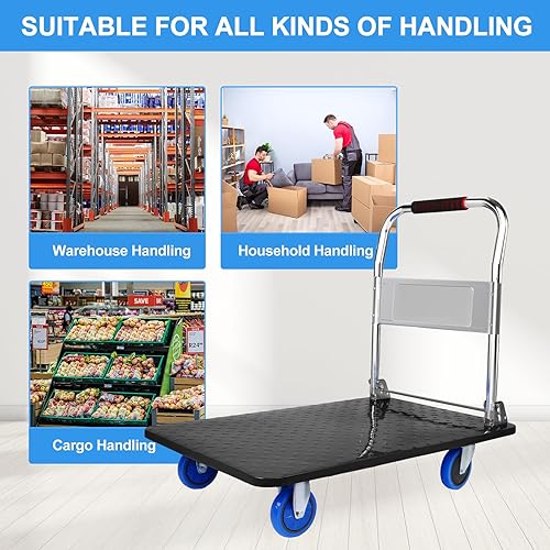 Vista 3 de Heavy Duty Platform Hand Truck for Moving, Folding Flatbed Dolly with 360 Degree Swivel Wheels Foldable Push Hand Cart for Loading and Storage