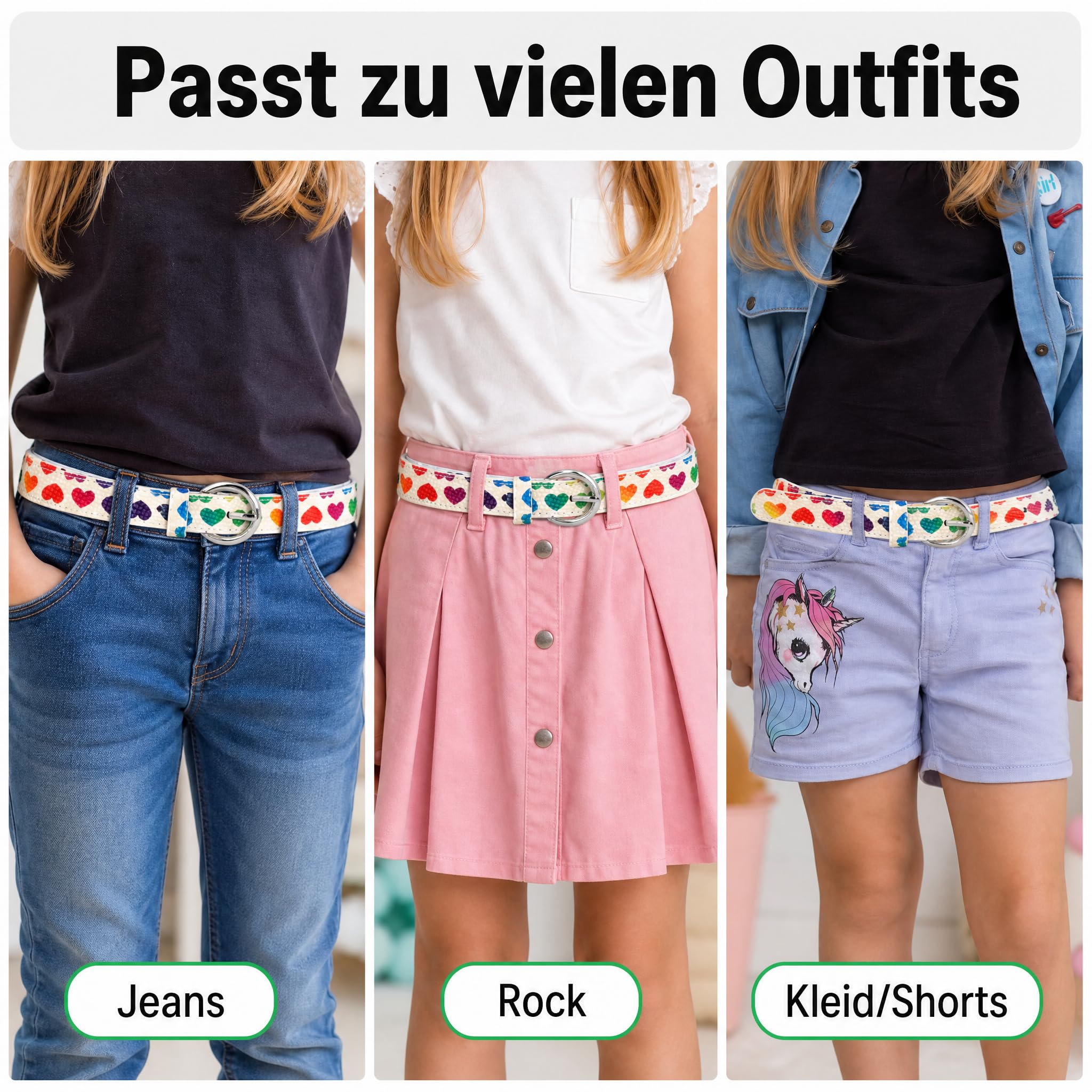 Gürtel für Kinder, Kindergürtel Mädchen & Jungen, verstellbar 52–67 cm, Dornschließe aus Metall, vegan aus Kunstleder, weiß mit bunten Herzen, 2,5 cm breit