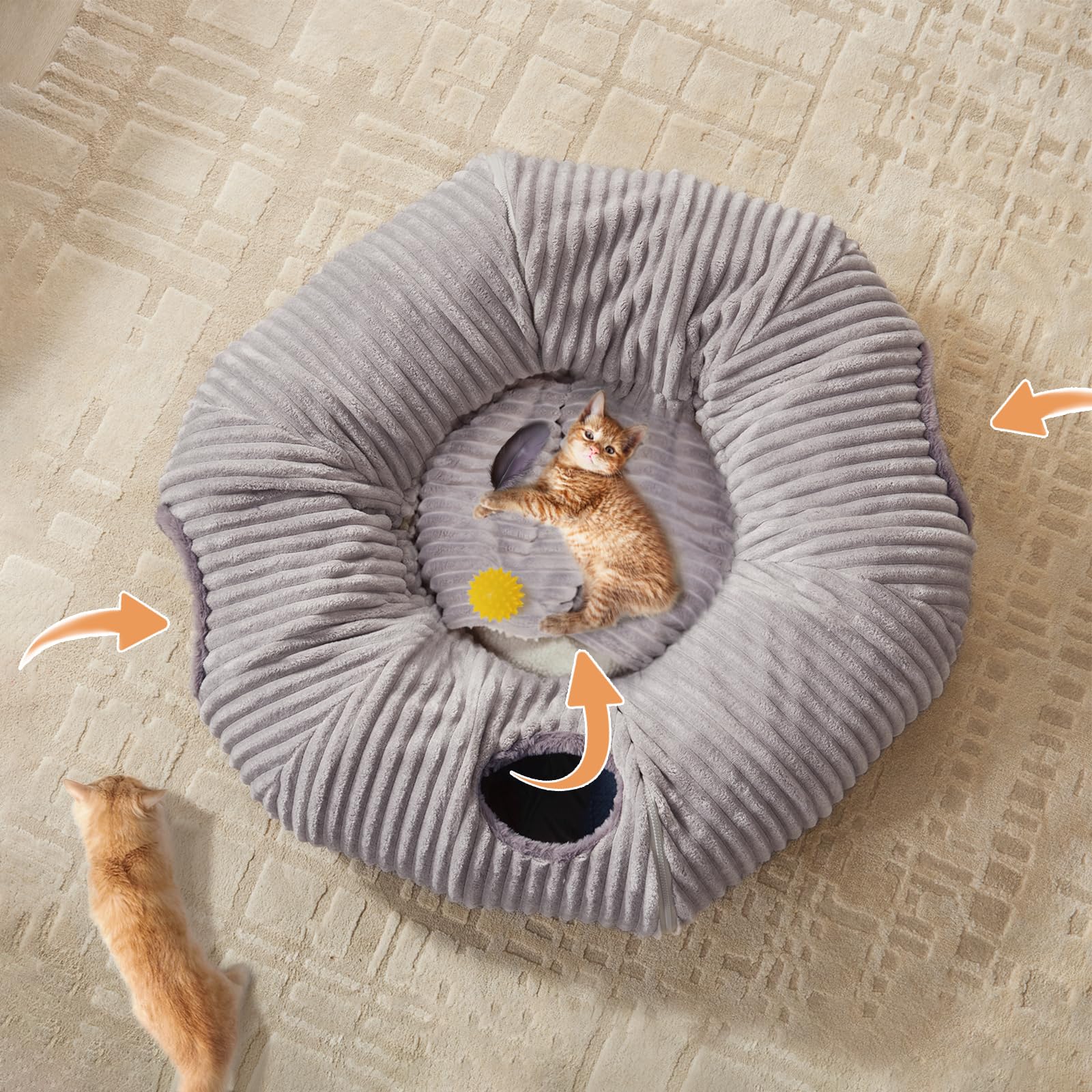 Grand lit tunnel pour chat d'intérieur, jouet tunnel en forme de donut avec coussin circulaire lavable, tente occultante, aire de jeux multifonctionnelle, cachette pour chaton, lapin, furet