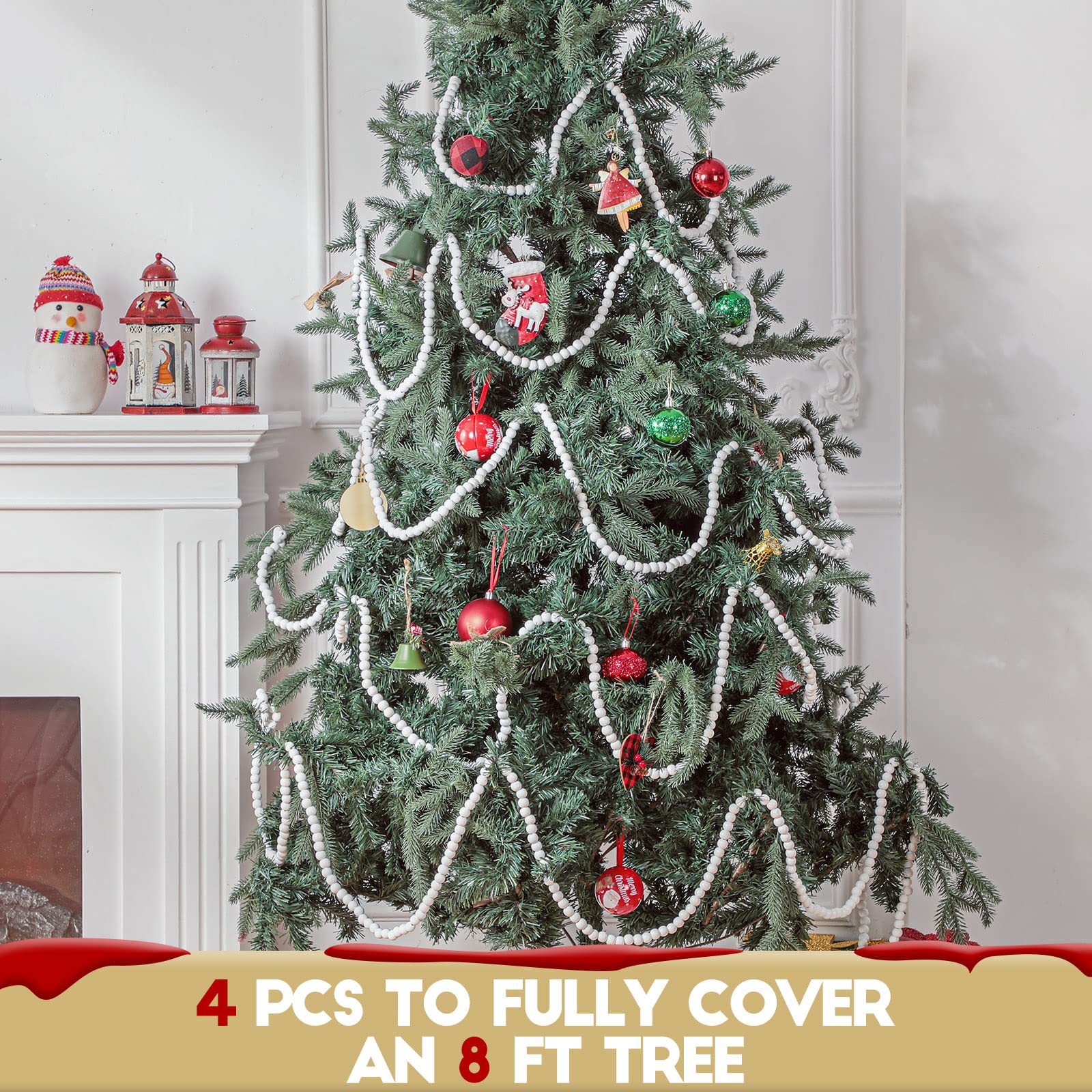 Giegxin Lot de 4 guirlandes de perles de Noël en bois pour sapin de Noël - Décoration d'intérieur rustique - Décoration murale bohème pour fêtes de Noël - 12,5 m (blanc)