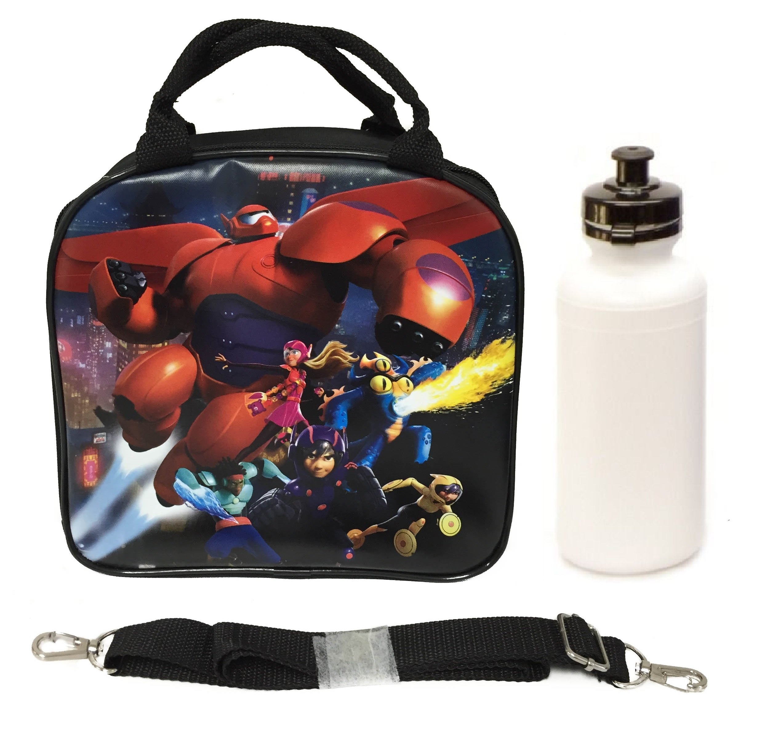 Disney Big Hero 6 Baymax, Hero, Tomago, Fred, Wasabi, and Honey Lemon Lunch Box Bag w/Shoulder Strap + Water Bottle - Black