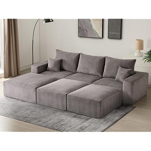 Sectional Cloud Boneless Sofa Bed Couches for Living Room-113'' Gray 3 Seater Modern Lounge Sleeper Couch-No Assembly-Modular Corduroy Convertible Sponge Compression Sofas with Chaise for Home House
