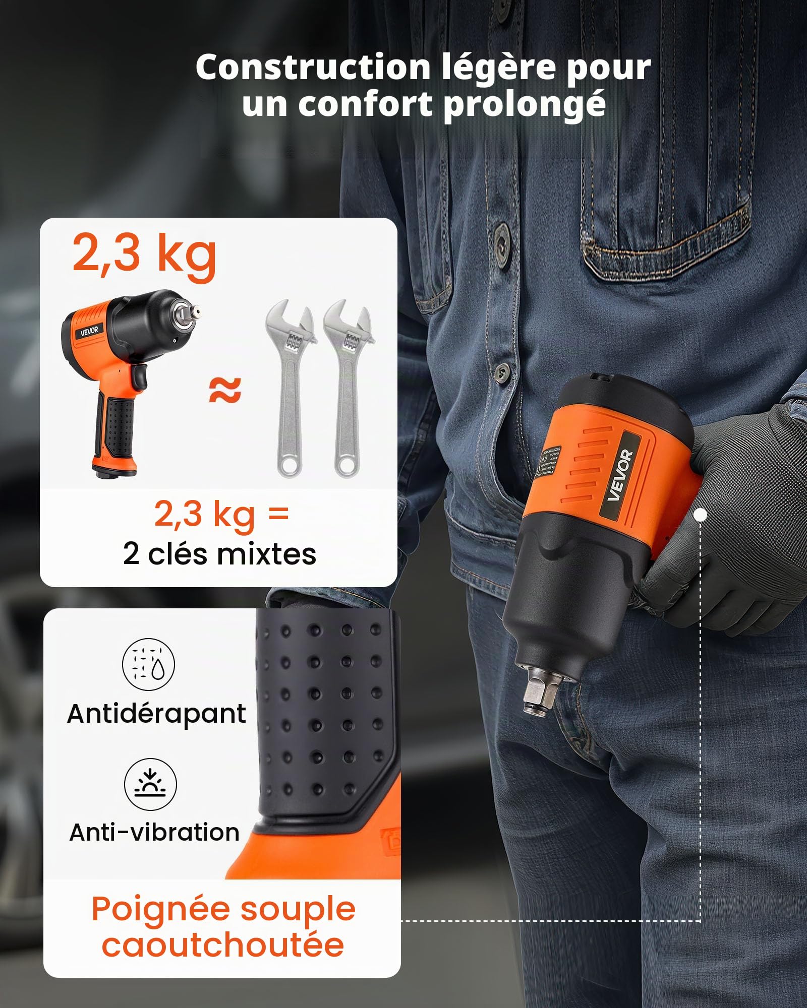 VEVOR Clé à Choc Pneumatique 12,7 mm Couple Inverse Max 1490 Nm, Réglage 4 Vitesses, 7500 tr/min, Clé Pneumatique pour Garages et Ateliers de Diverses Tâches Réparation Légère Entretien Automobiles
