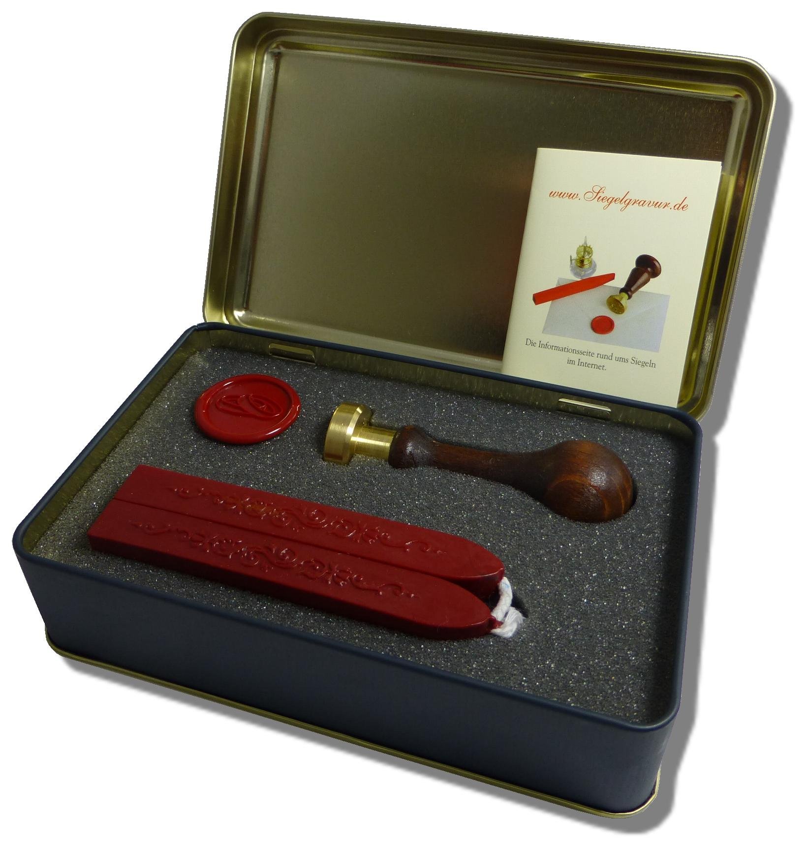Siegel-Set in Geschenkdose Petschaft - Eheringe - inkl. 2 Stangen Siegelwachs rot mit Docht