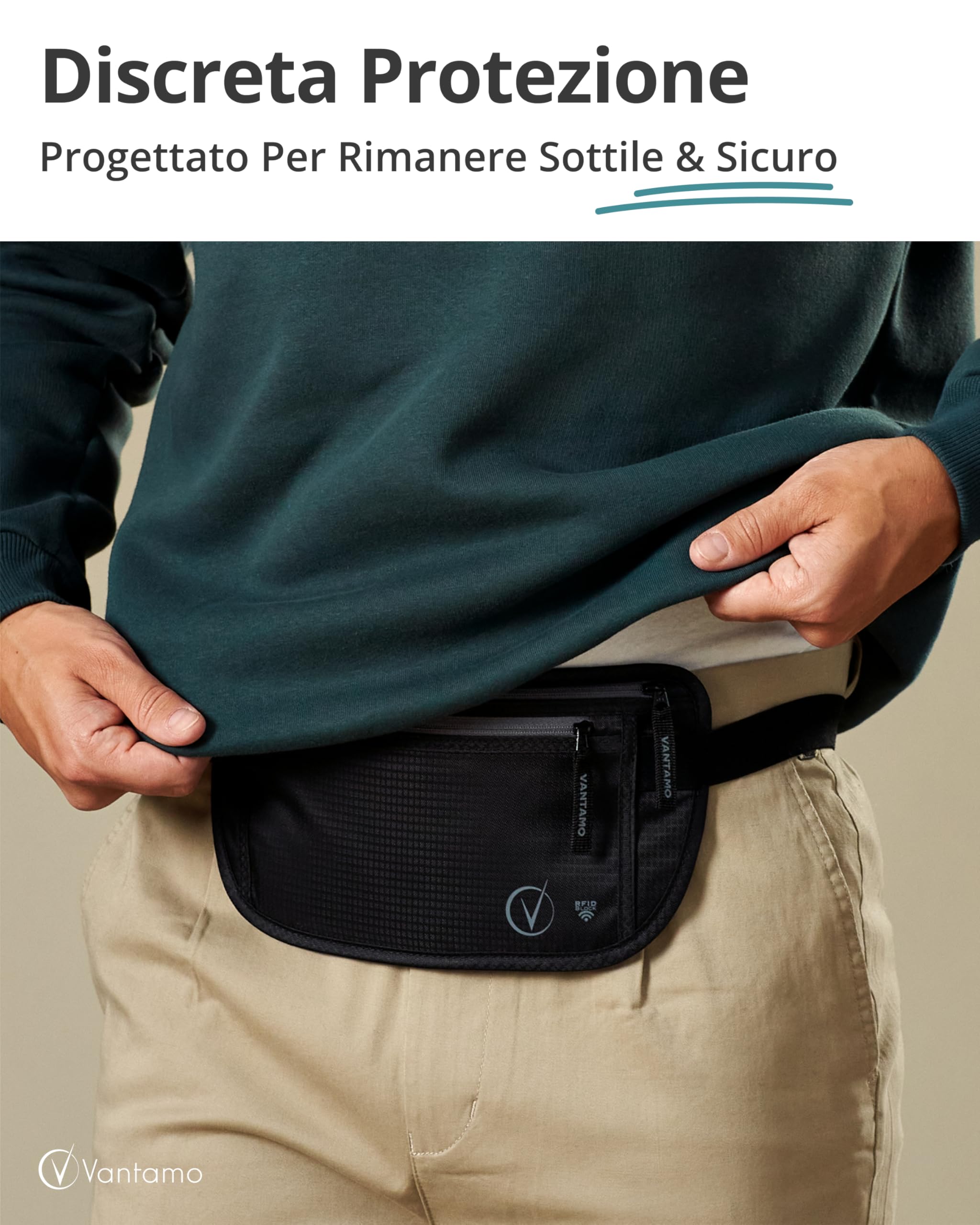 Vantamo Marsupio Uomo & Donna Ultrapiatto con protezione RFID, Marsupio Antiscippo con Cintura Regolabile, Ideale per Corsa e Escursioni e Viaggi, Leggero Cintura Portasoldi Sicuro