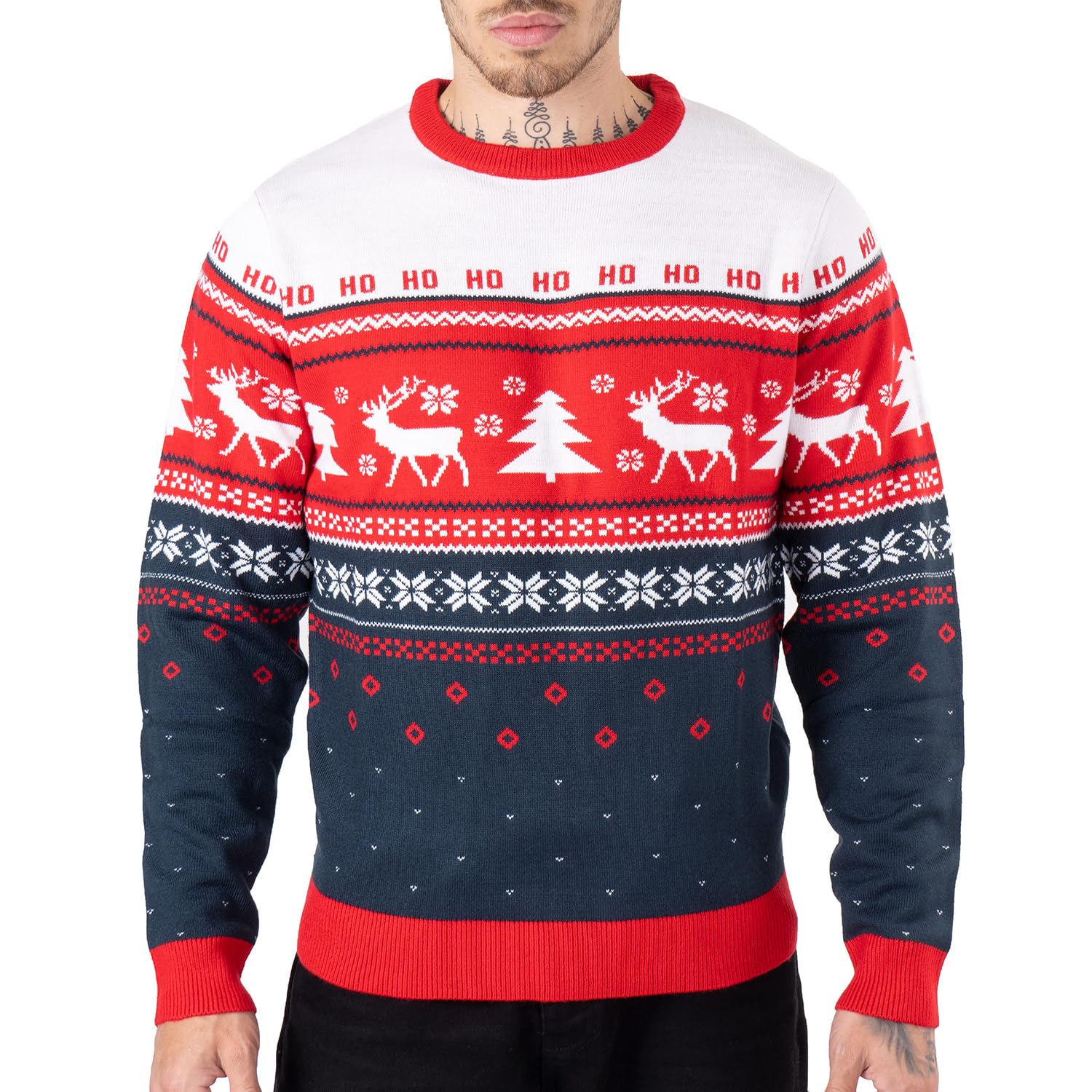 Noroze Men's Hoho Reindeer Tree Red Xmas Jumpers Fairisle Christmas Tree Reindeer Snowflakes Hoho Novelty Pullover Sweater (Xl, )