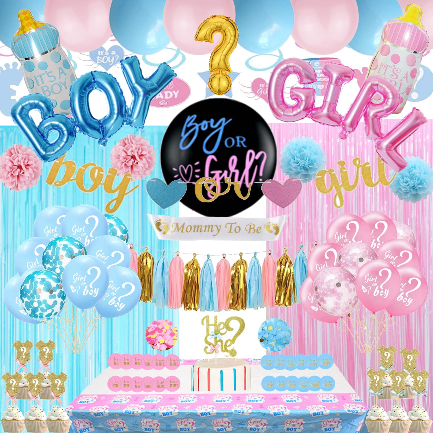 Finypa Baby Gender Reveal Decorations - 143pcs Supplies with 36'' Foil Balloons
