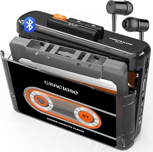 Reproductor de cinta de casete Bluetooth con batería recargable de 1100 mAh, reproductor de cassette compacto vintage con auriculares, reproductor