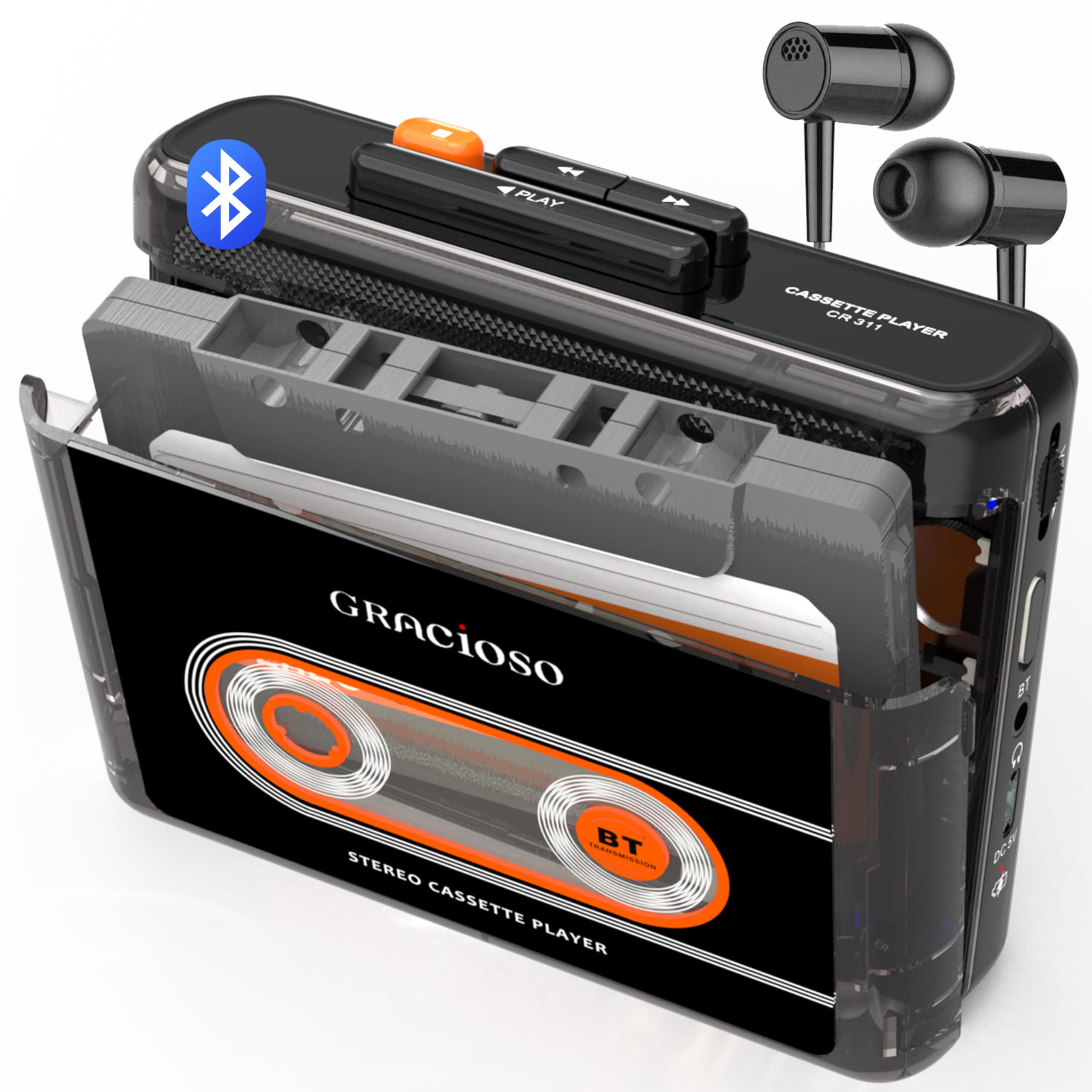 Bluetooth Cassette Tape Player with 1100mAH Rechargeable Battery, Compact Vintage Cassette Player with Earphone, Back Clip Microcassette Player for Home,Park