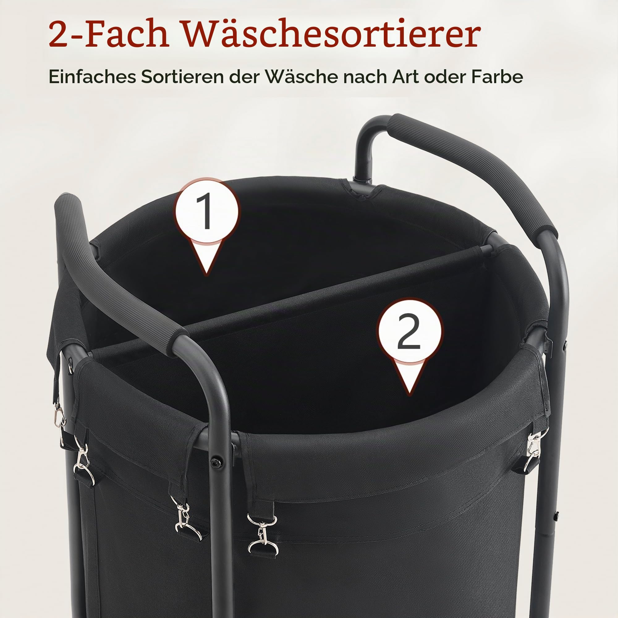 FAVOOSTY Wäschekorb mit Rollen, 190L Wäschewagen 2 Fächern, Wäschekorb Groß, Runder Wäschesammler mit Griff, Stahlrahmen und Abnehmbarem Beutel zur Kleideraufbewahrung