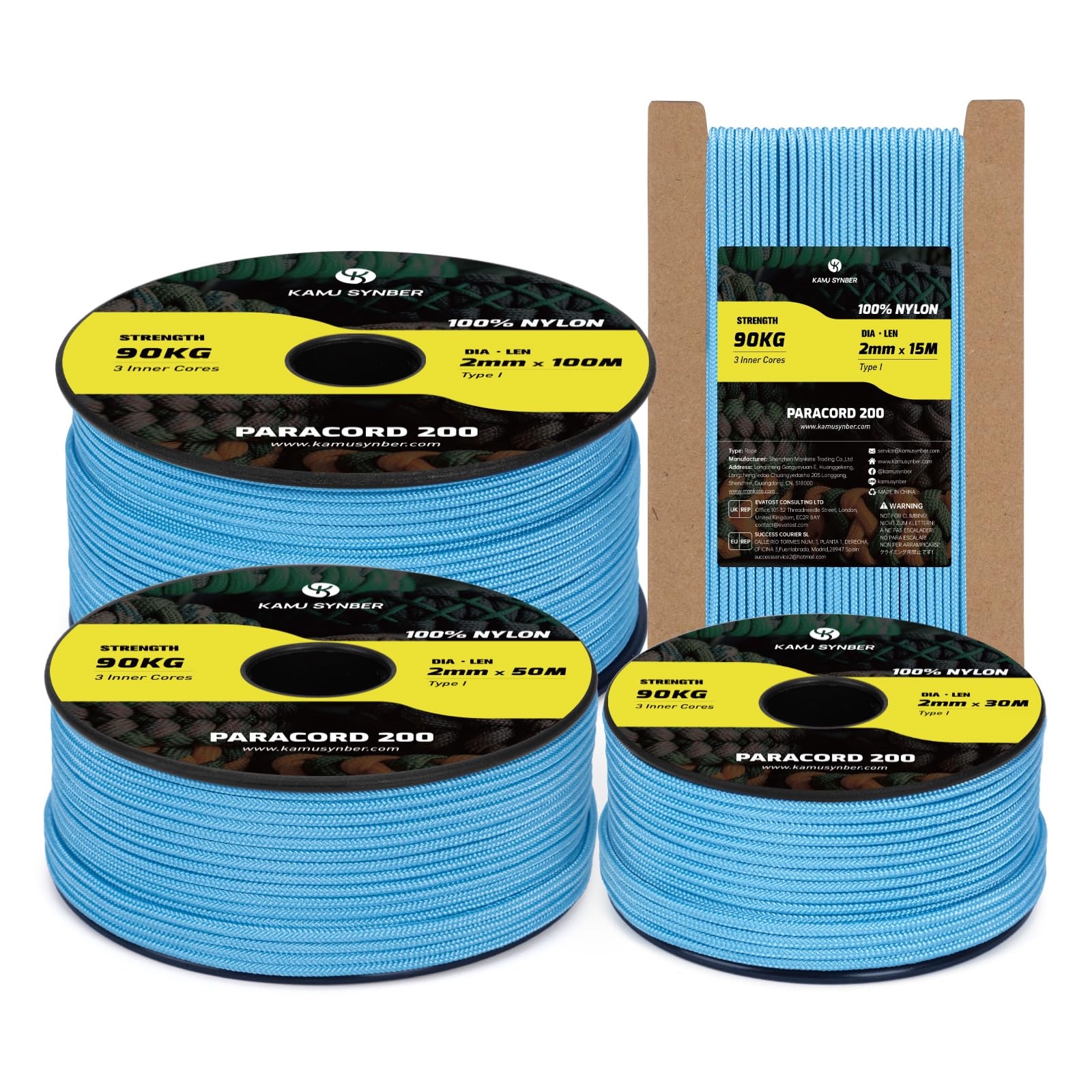 Kamu Synber Paracord 2mm 3 Strands 30M 100% Nylon Rope Type I Parachute Cord for Craft, Outdoor, DIY, Camping | Support 90kg | Sky Blue