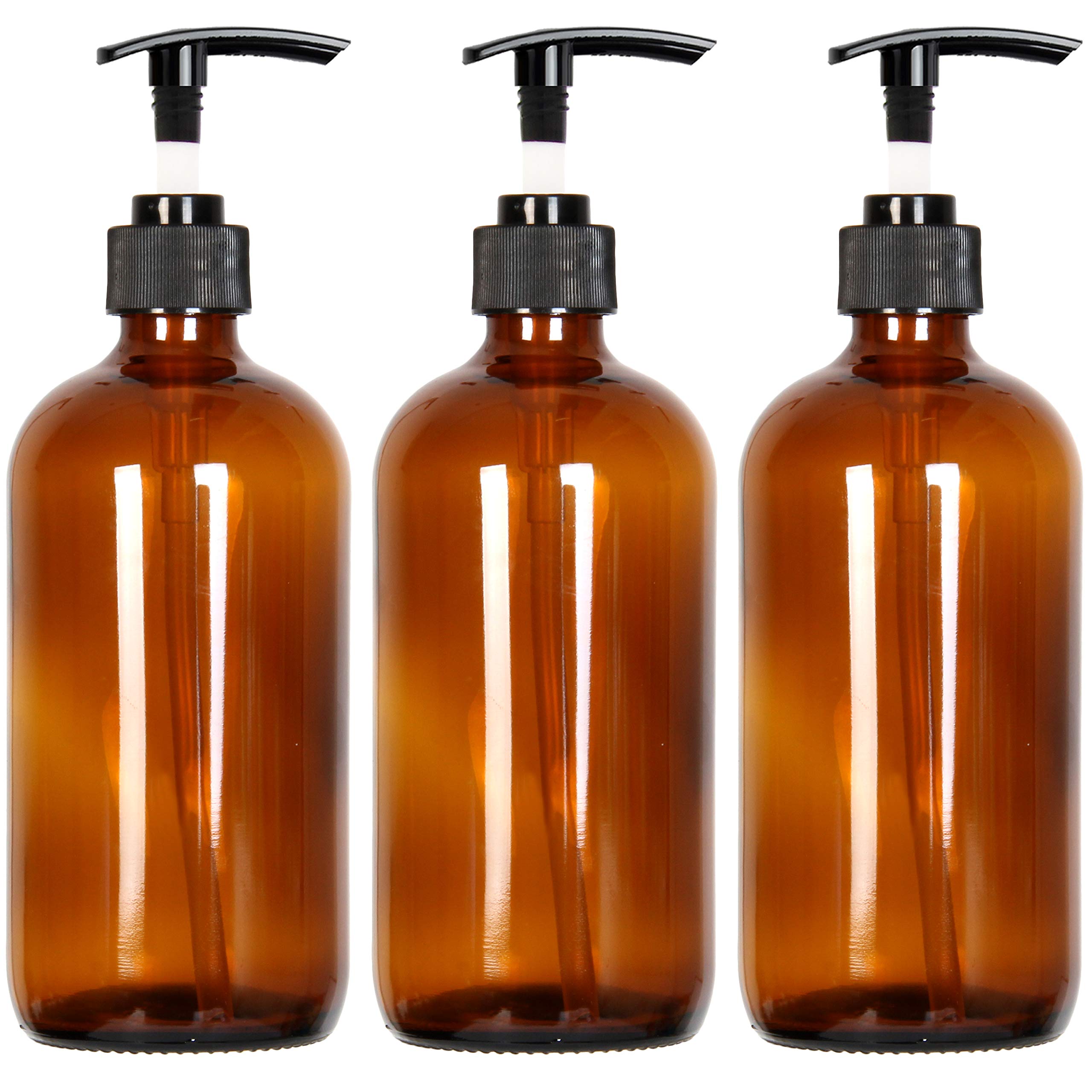 Youngever 3 Pack 500ML Empty Amber Glass Pump Bottles, 3 Pack 16 Ounce Pump Bottles, Soap Dispenser, Refillable Containers
