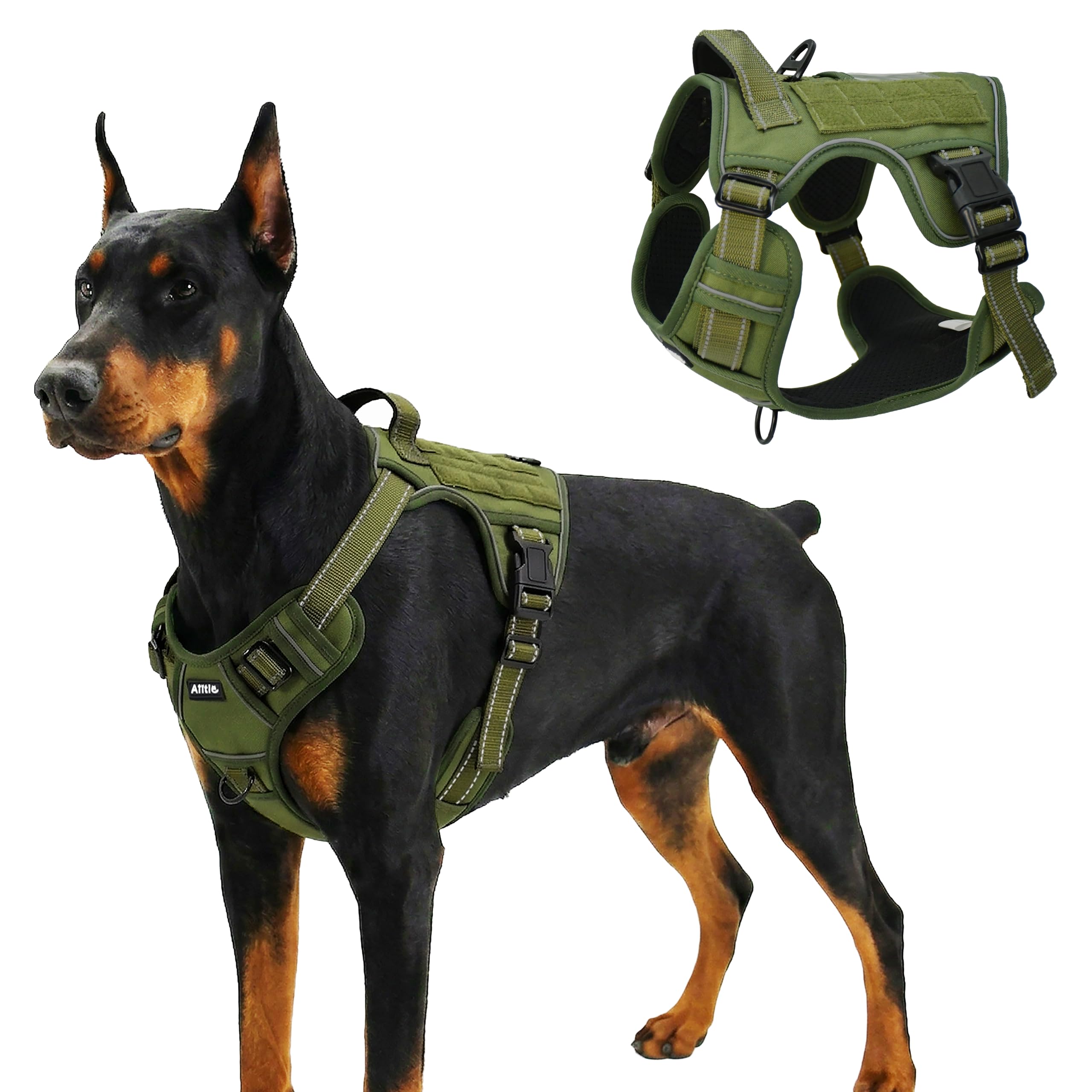 AIITLE Tactical Dog Harness for Medium Dogs, No Pull Tactical Service Vest with Handle & PALS Webbing, Adjustable Reflective No-Choke Design, Dual Metal Leash Clips for Training Walking, Green, S