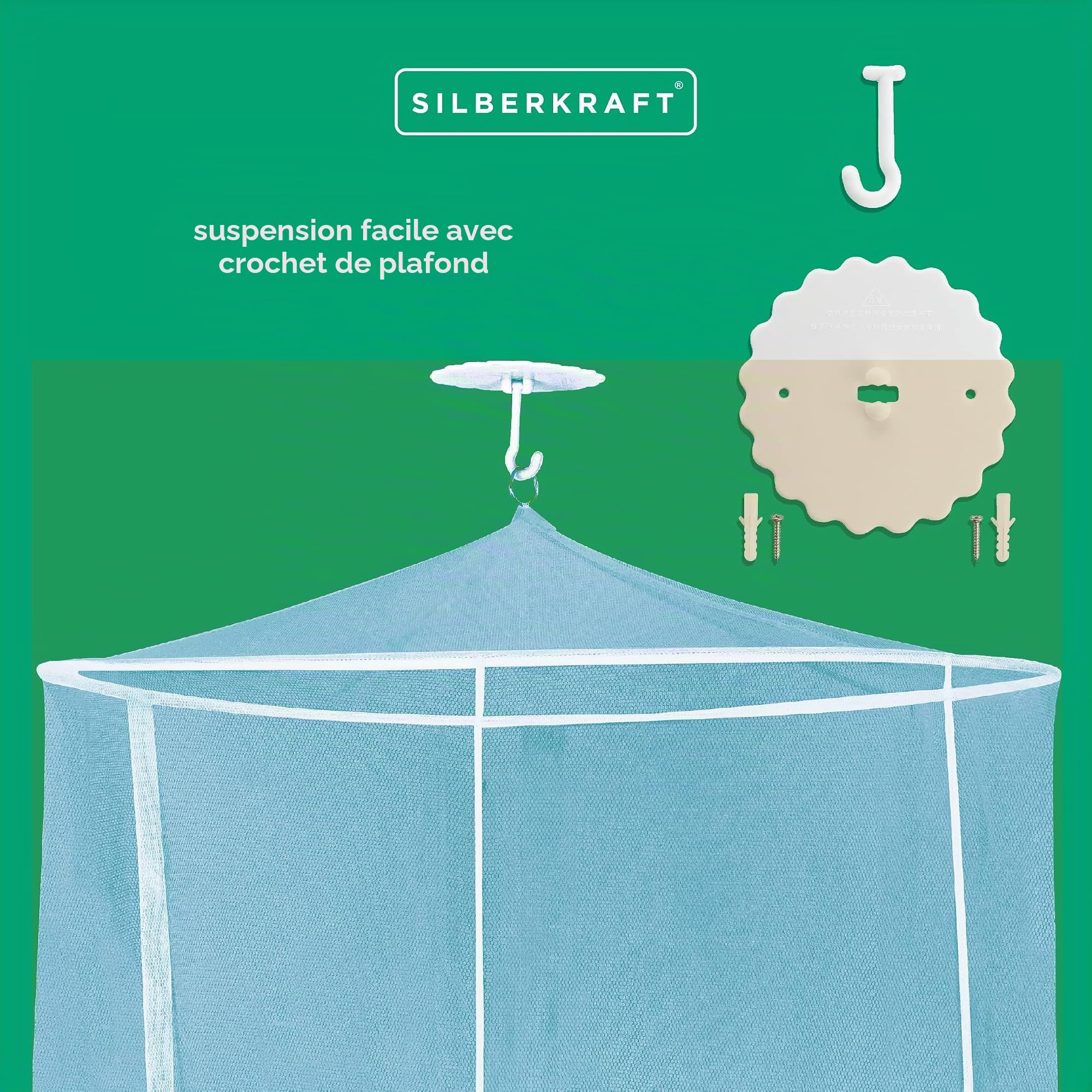 Silberkraft Moustiquaire de qualité supérieure avec crochets et chevilles, XXL pour lit double, moustiquaire pour voyage et à la maison, avec sac de transport