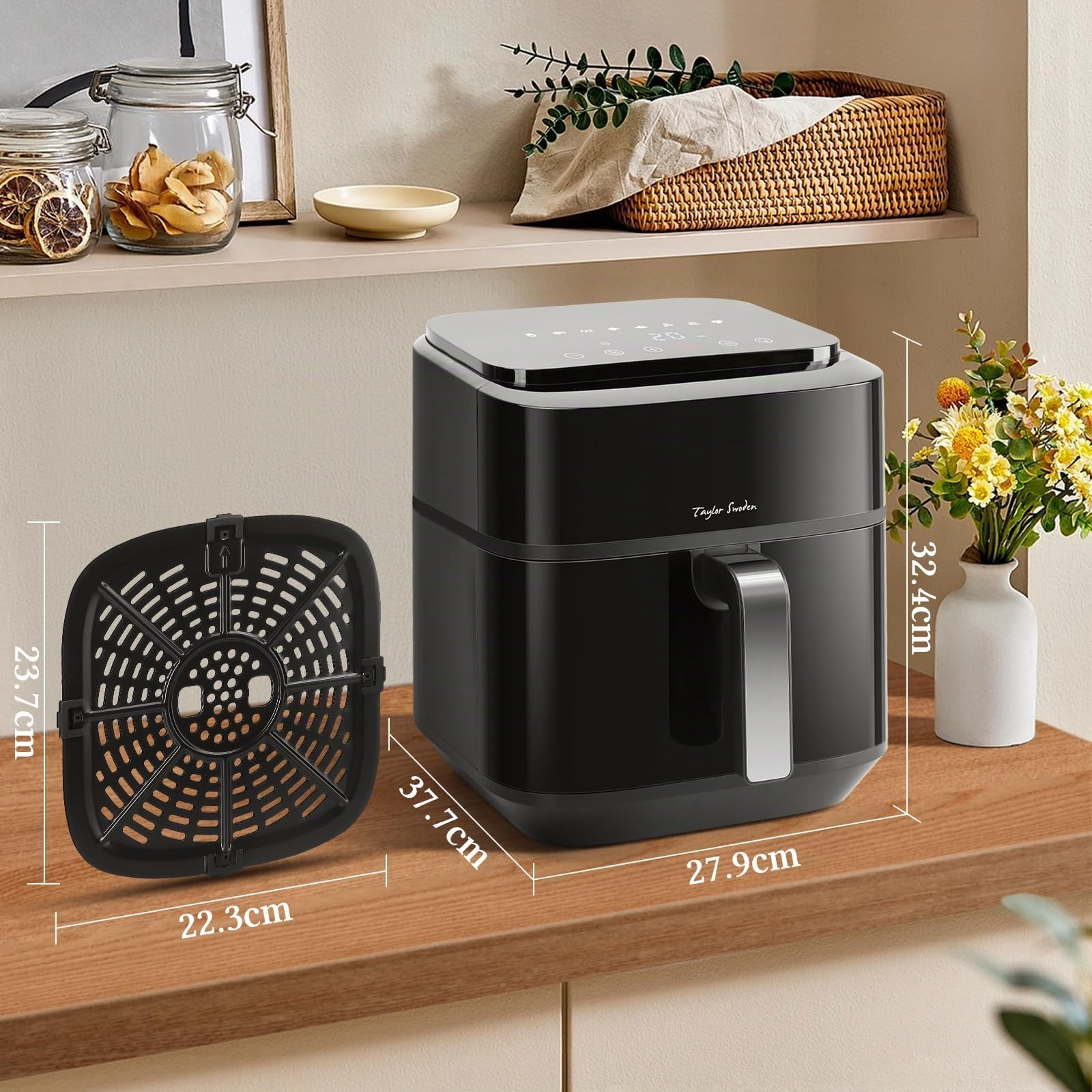 Taylor Swoden Friggitrice ad aria 6,5L XXL con doppia resistenza, 8 funzioni, finestra di visualizzazione e griglia antiaderente - Perfetta per 3-6 persone, nera