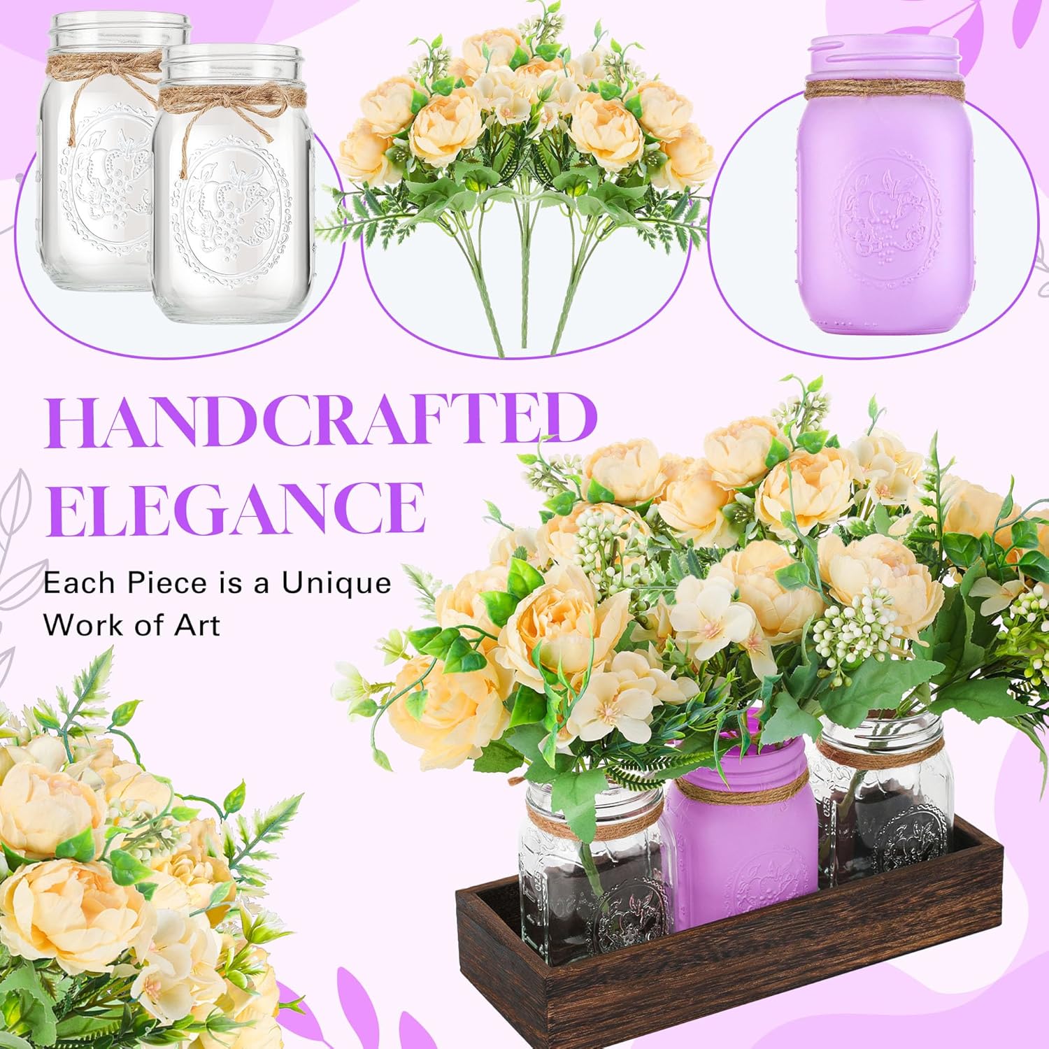 3Pcs Mason Jar Centerpiece Table Decorations with Tray for Coffee Decor, Dining Table Decor, Farmhouse Decor, Centerpieces Home Decor for Kitchen Living Bathroom, Purple