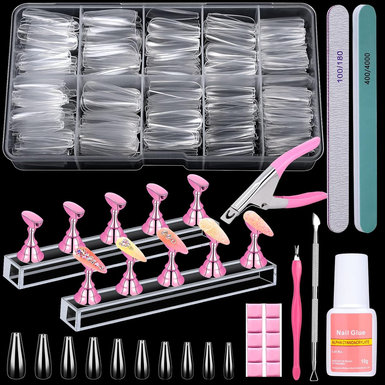 COSTICA 500pcs Clear Coffin Nail Tips Set Clear Acrylic Nail Tips with Nail Glue Clear Coffin Nails Tip Full Cover with Nail Display Stand, Cuticle Nail Pusher Remover, Nail Clipper Nail Files Buffer.-picture-16