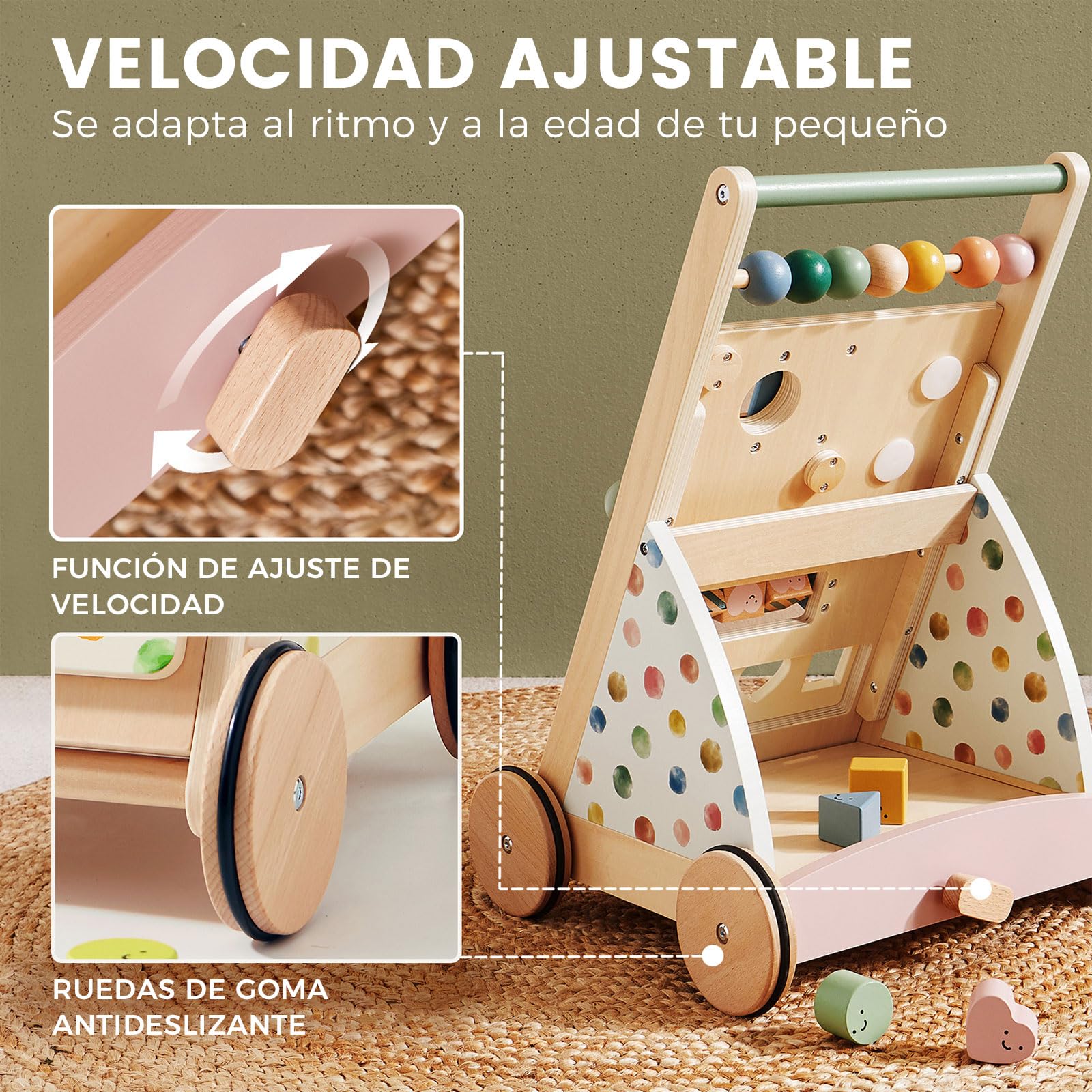 Tiny Land Andador de madera, juego de andador para bebé, andador con velocidad ajustable para niños y niñas, andador y centro de actividades para bebés