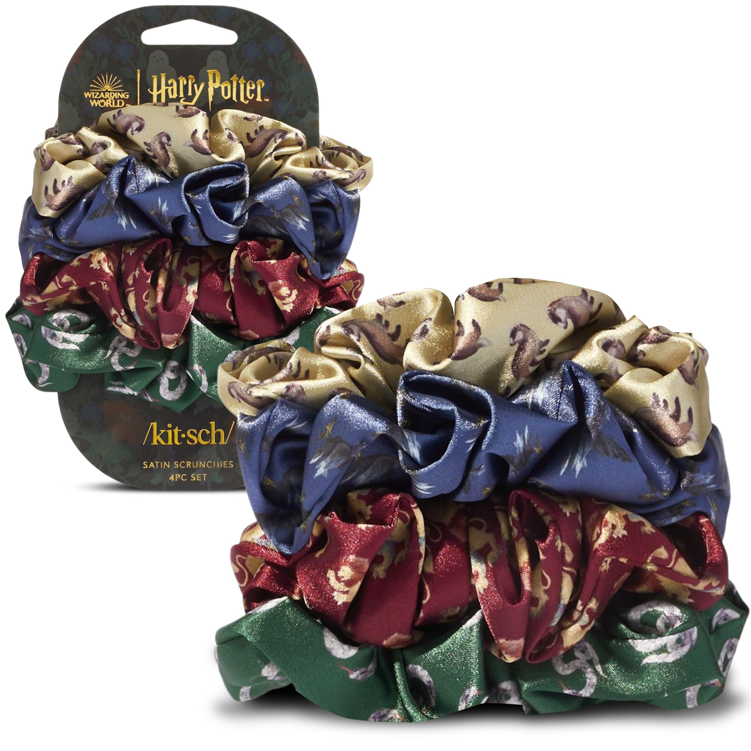 Harry Potter x Kitsch Satin Scrunchies - Softer Than Silk, Damage Free Hair Ties for Girls and Women, Featuring All House Crests - Hair Accessories for All Hair Types, Ideal for Daily Use - Set of 4OEKO-TEX STANDARD 100