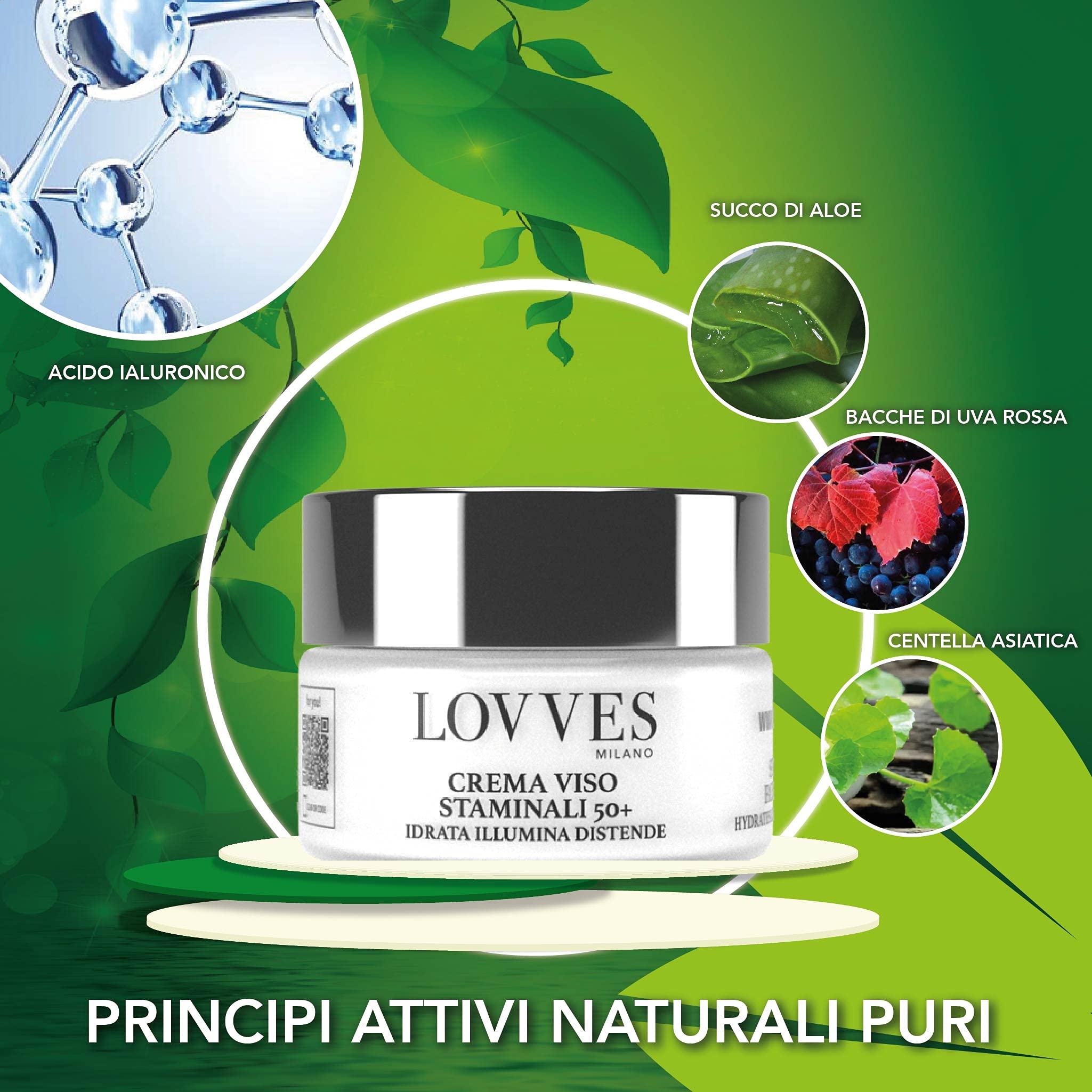LOVVES Crema Viso Staminali 50+, Alta Cosmesi Naturale, Crema Viso Antirughe Cellule Staminali, per Pelli Mature, Ristrutturante e Antiossidante, per Giorno e Notte, Formato Vaso in Vetro 50 ml