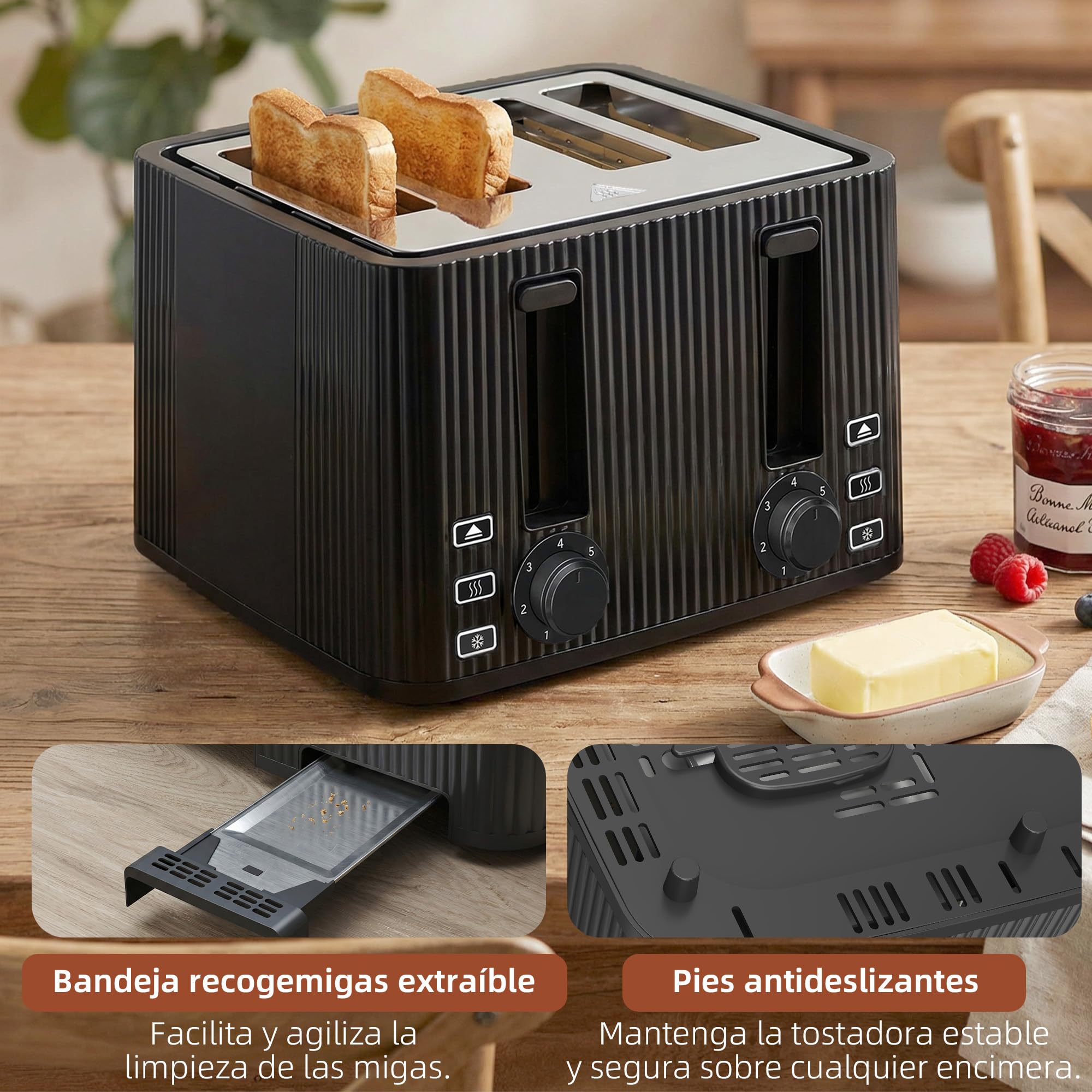 HOMCOM Tostadora 4 Ranuras Anchas 7 Niveles de Tostado, 1710W, Negro | Tostador de Pan, Función Descongelar, Recalentar y Cancelar, Bandeja de Migas Extraíble