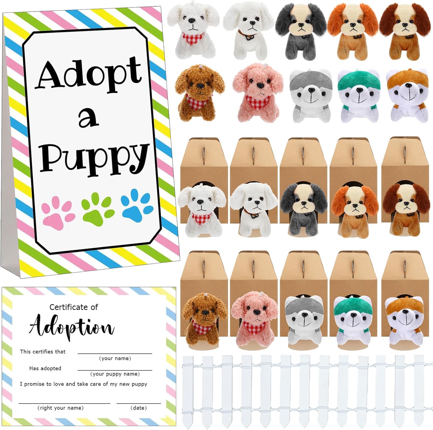20 Set Adopt A Puppy Favors 20 Small Stuffed Puppy Plush Dogs Bulk with 20 Kraft Paper Boxes 20 Adoption Cards 1 White Fence and 1 Paper Sign for Adopt A Pet Party(Plush Dog)