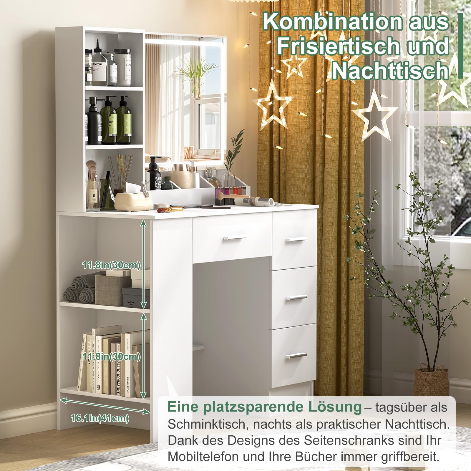 Schminktisch mit Spiegel und Beleuchtung 90 cm Breit, 2-stufiger Seitenschrank, Frisiertisch mit LED Spiegel, 4 Rechte Schubladen, 3 Farben mit Einstellbarer Helligkeit Weiß, Silbergriffe