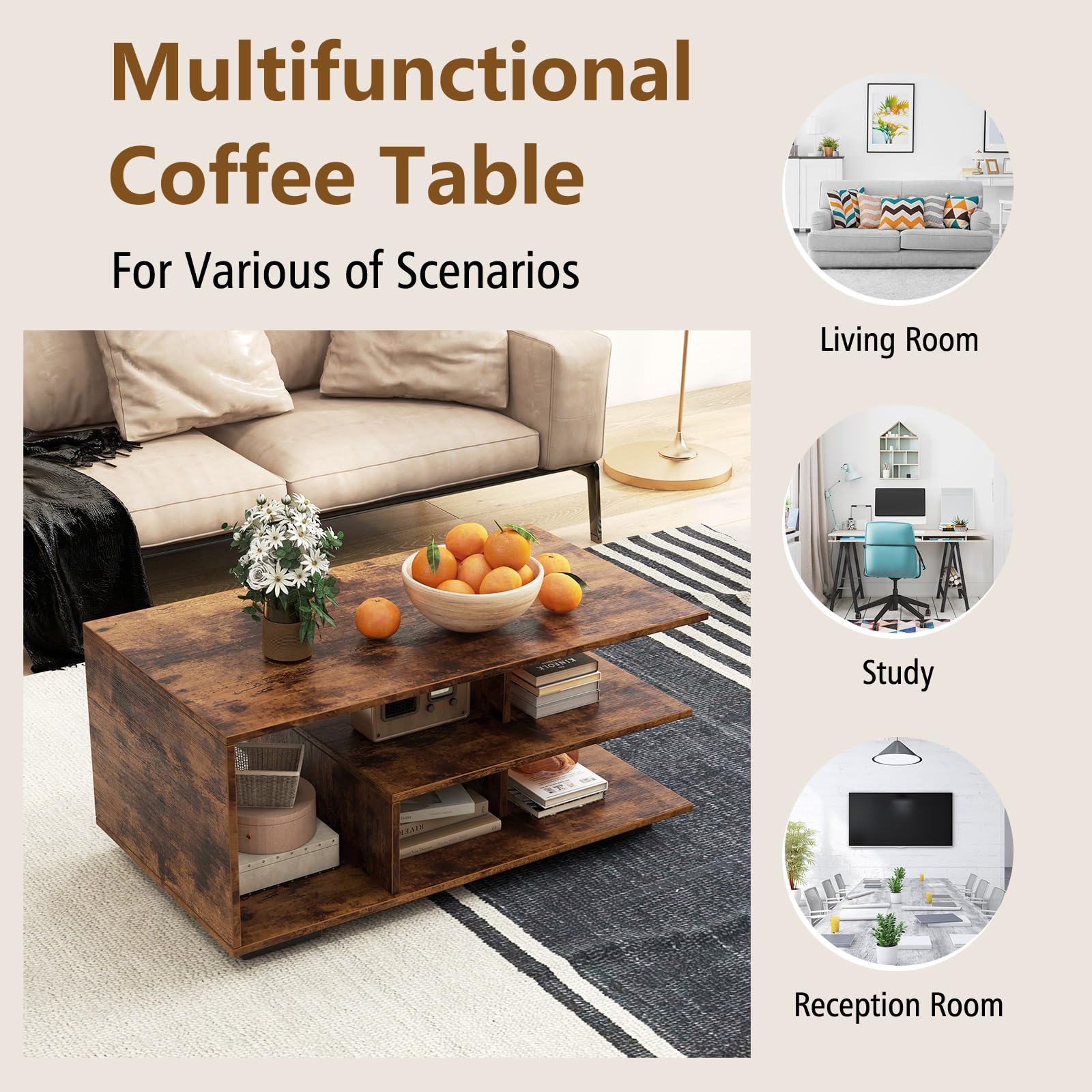 LIFEZEAL Mesa Centro de salón, Mesa Baja de sofá con 3 estantes, con 5 Compartimentos, Mesa de café de 3 Niveles para salón, Oficina, 90x50x42cm (Marrón)