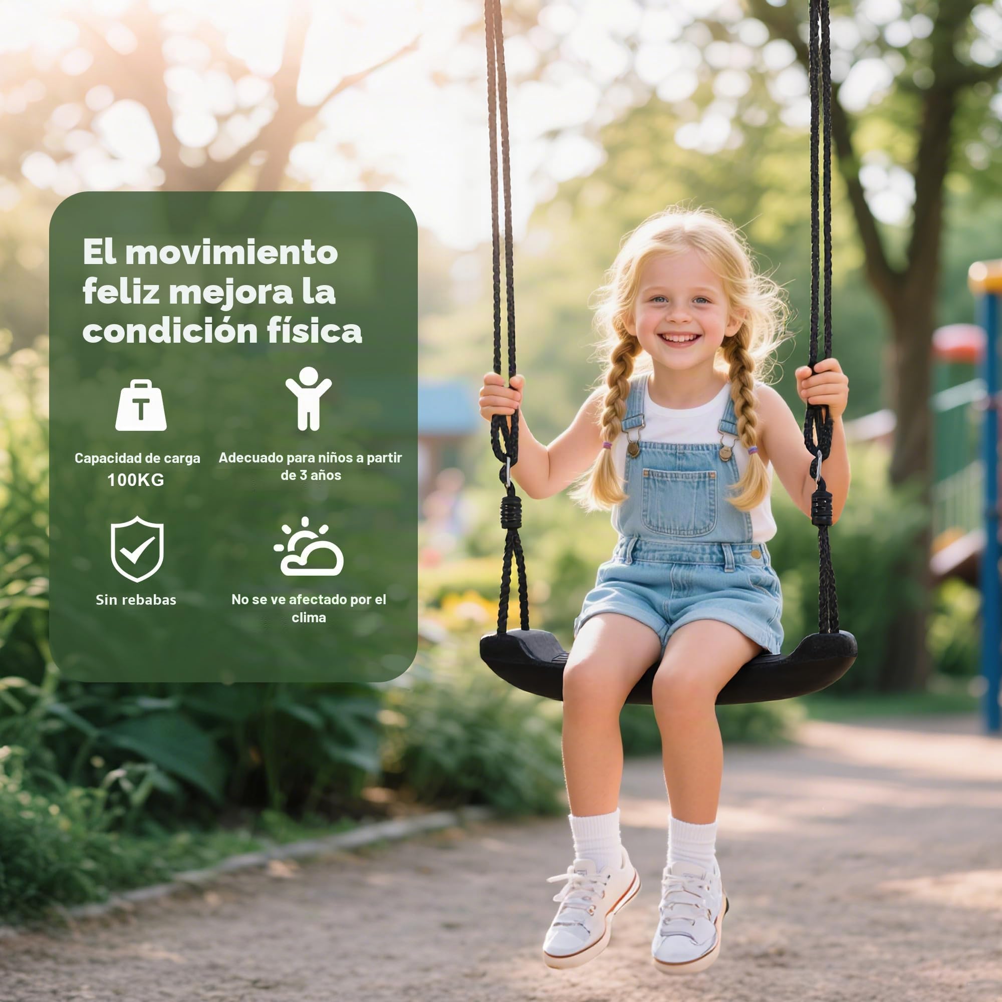 Columpio infantil, Asiento columpio para exterior e interior, con 2 cuerdas para colgar y 2 mosquetones, altura regulable, tablero de plástico antideslizante, apto para niños mayores de 3 años (Negro)