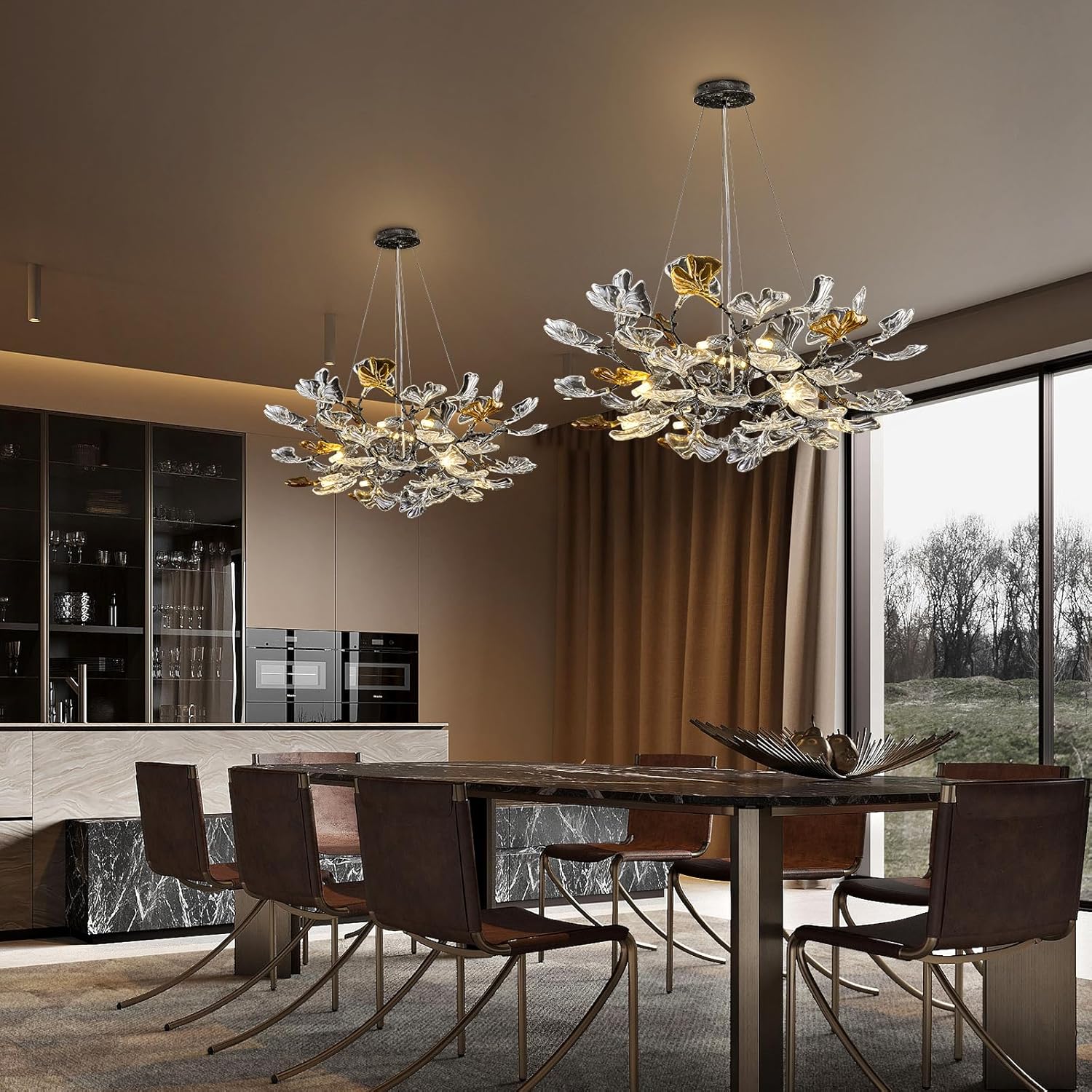 Black Modern Chandeliers for Dining Room, D31.5''Tree Branch Round Glass Ginkgo Leaf Farmhouse Chandelier,Large Ceiling Hanging Vintage Chandelier for Living Room,Entryway,Kitchen Island,Foyer