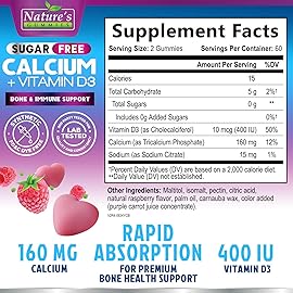 Calcium Supplement Gummies - Sugar Free Calcium Gummy with 400 IU Vitamin D3 for Best Absorption - Supports Immune Health, Bones & Teeth - Nature\'s Calcium Chews for Women & Men - 120 Gummies