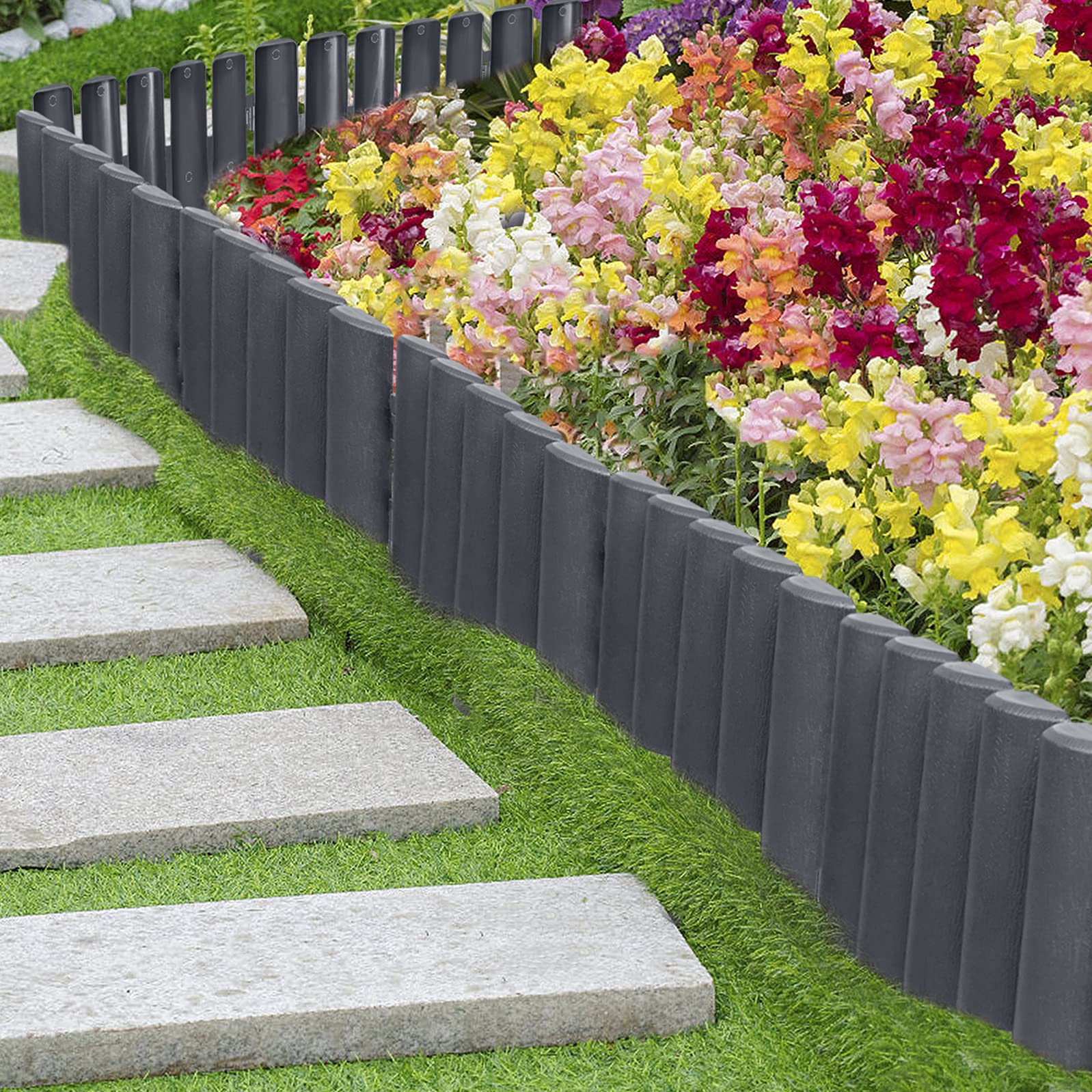 LZQ Bordo per prato, effetto legno palizzato, 1 elemento (LxH): 28,0 x 24,0 cm, palizzata da giardino, 11,2 m, antracite
